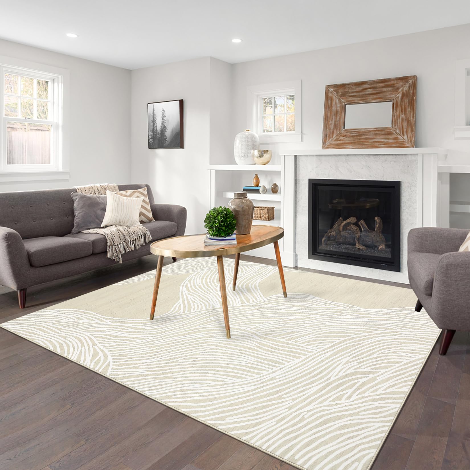 Modern Area Rug 9x12 Abstract Rug Washable Rugs Non-Slip Bedroom Rug Contemporary Carpet Striped Floor Carpet No-Shedding Throw Rug Ultra-Thin Indoor