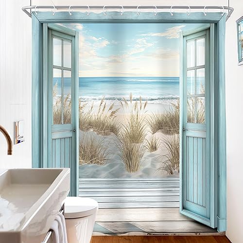 Miniatura 4 de Riyidecor Cortina de ducha extra larga para puerta de granero de playa azul, océano, costero, paisaje rústico, tablón de madera, 72 pulgadas de