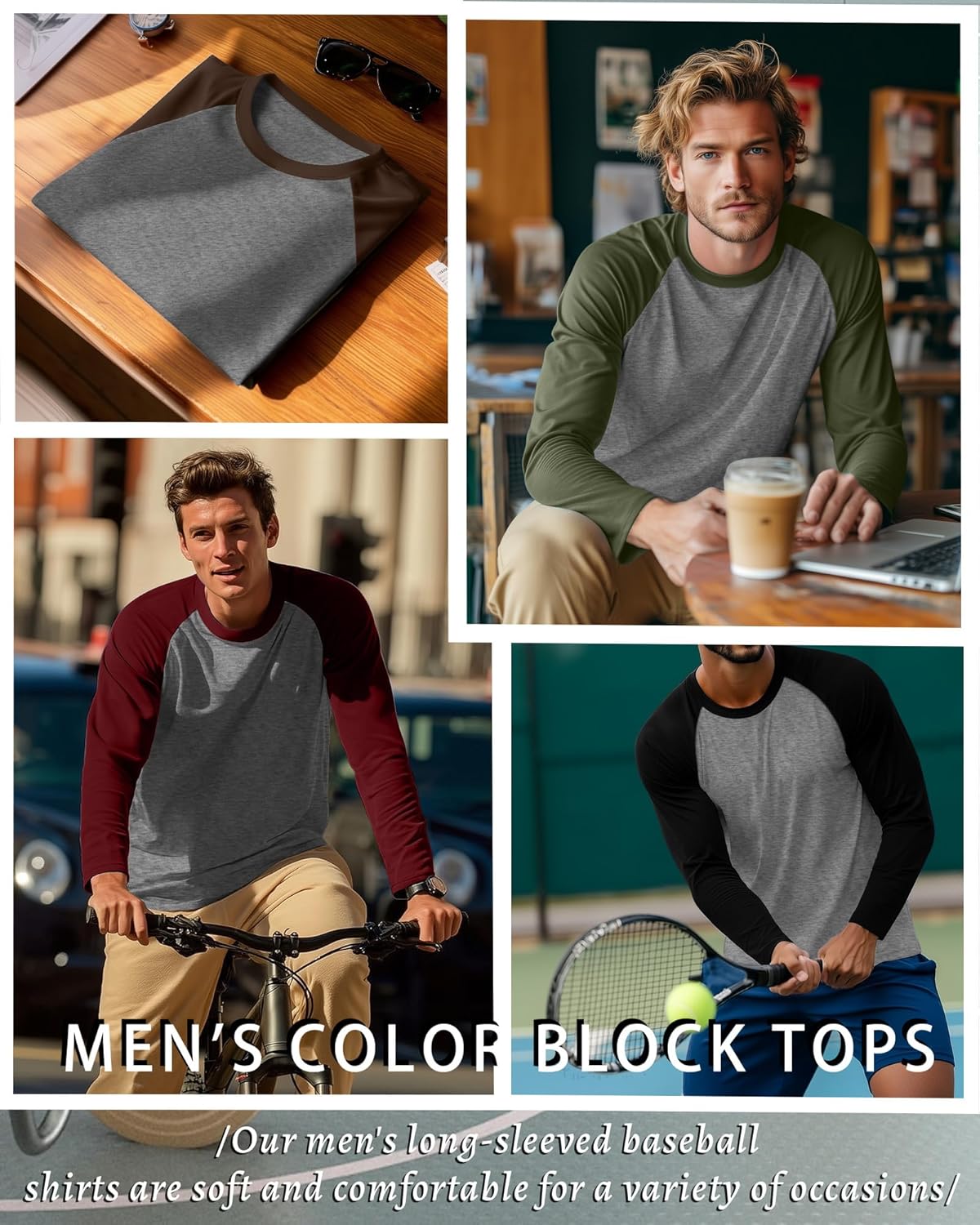 5 Pack Men's Long Sleeve T Shirts Crew Neck Baseball Tops Raglan Athletic Casual Tees - Image 3
