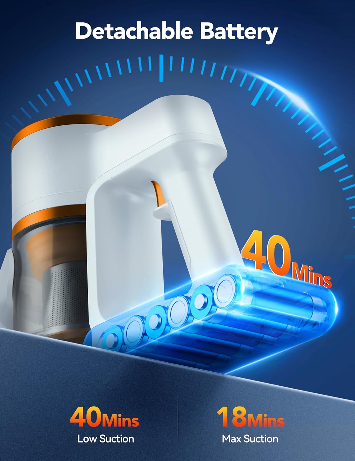 Cordless Vacuum Cleaner, 23Kpa Vacuum Cleaner with Rechargeable Battery, Household Vacuum with 40 mins Runtime and 2 Speeds for Pet Hair and Hardwood Floor Orange