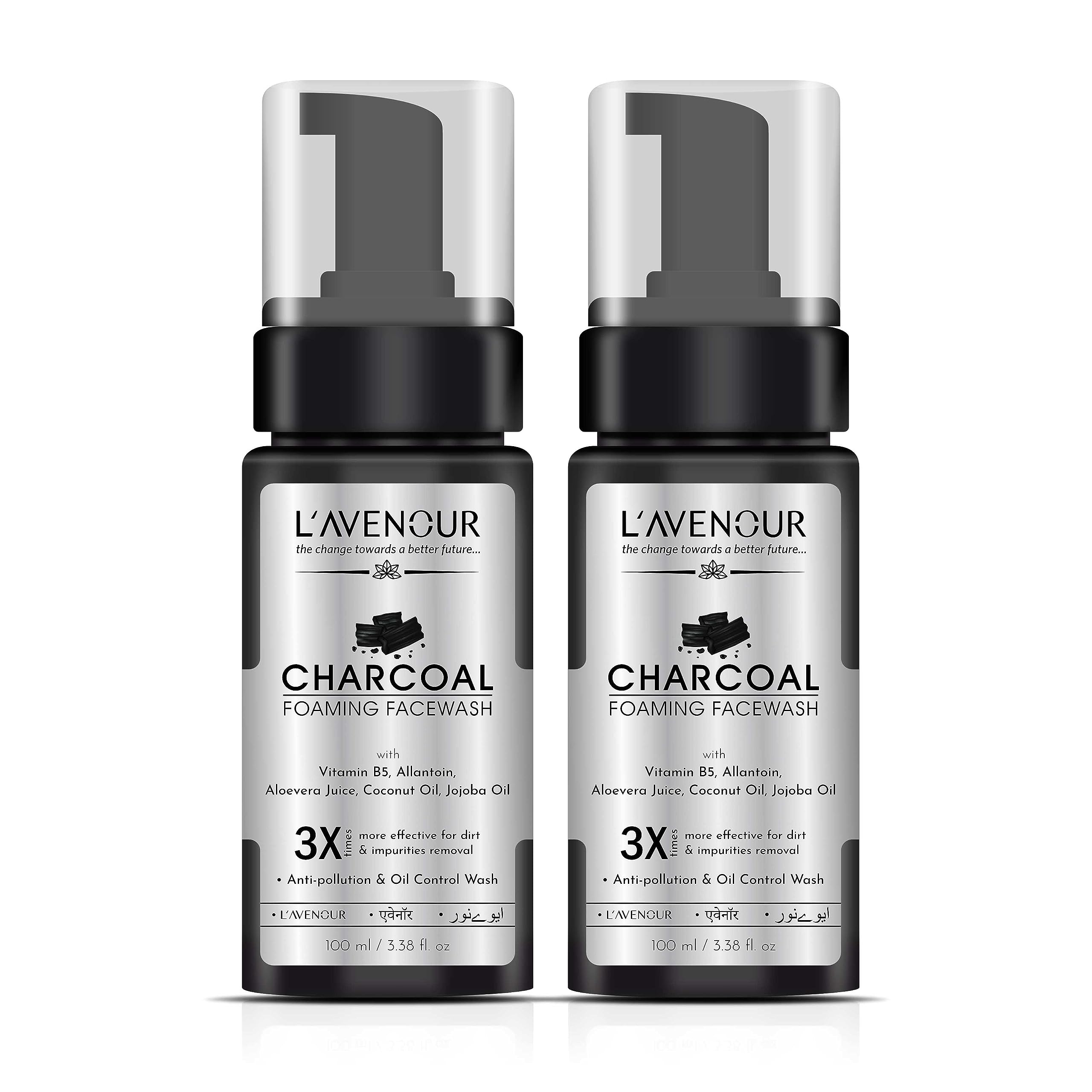 L'avenour Charcoal Foaming Face Wash for Pollution & Oil Control with Activated Charcoal Powder, Aloe Vera, Coconut Oil, Jojoba Oil, For Men & Women - 100ml (Pack of 2)