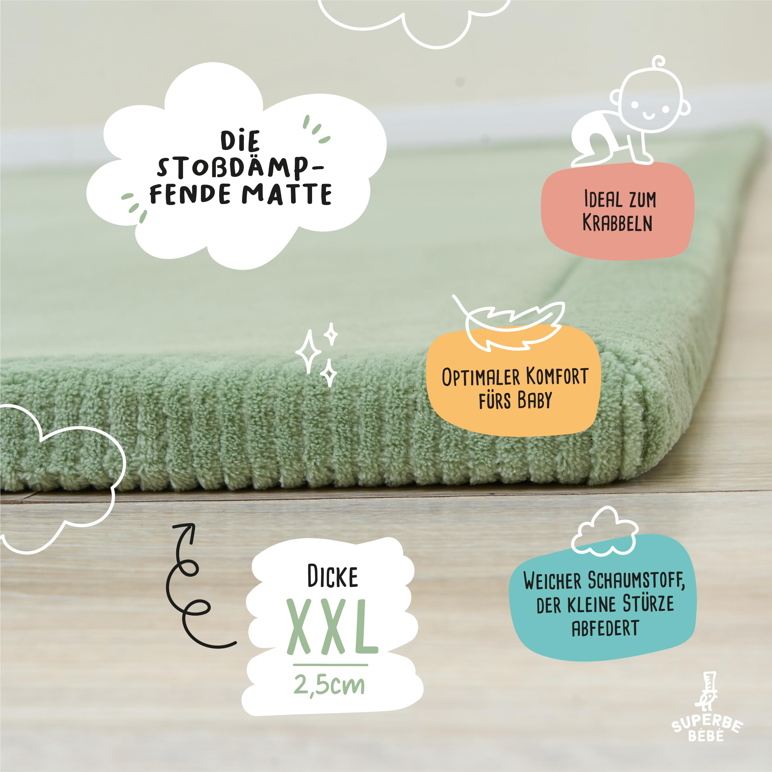 SUPERBE BEBE – Baby Spiel- und Krabbelmatte 150 × 200 × 2,5 cm – Dick und stoßdämpfend – Ungiftiger Memory-Schaum mit Oeko-Tex-Zertifizierung – Spielmatte für Baby- und Kinderzimmer – Elegantes Design