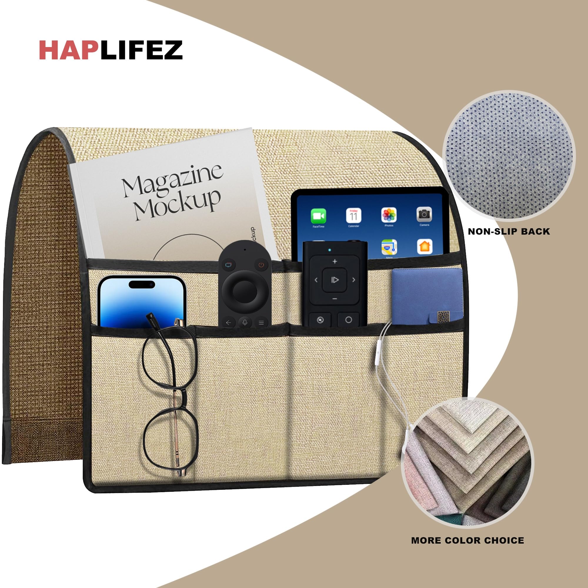HAPLIFEZ Remote Holder for Recliner Armchair & Couch, Non Slip Sofa Armrest Organizer Caddy with 6 Pockets Thick Linen Fabric Storage for Tablet, Phone, iPad, Magazine, 19x35 Inches, Natural