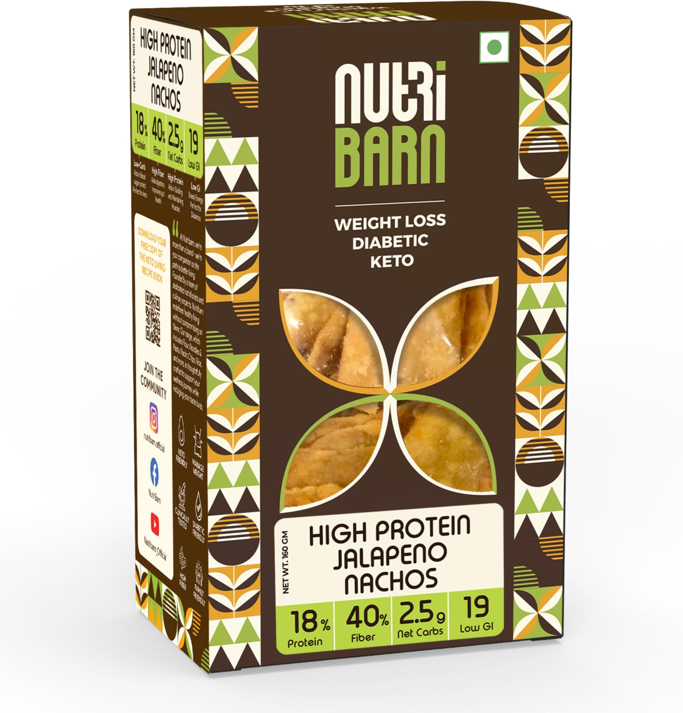 Nutribarn High Protein Low Carb Jalapeno Nachos 600 Gms | 25% Protein | 1.7g Net Carbs | Lab Tested Low GI 19 | Diabetic Friendly, Weight Management Nacho Chips | 60g (Pack of 10)