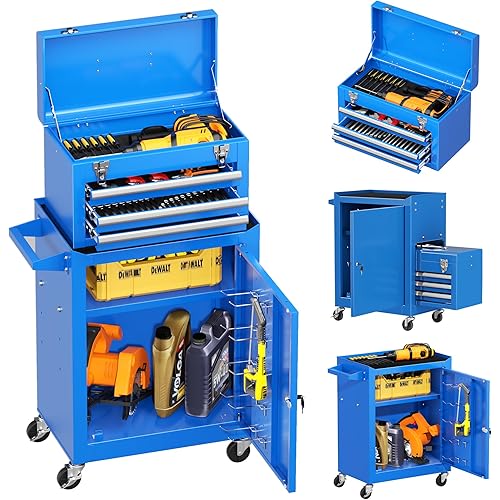 INTERGREAT 3 Drawers Tool Chest, Assembled Tool Cabinet with Wheels, Detachable Organized Tool Chests, Lockable Tool Chest for Workshop, Warehouse, Mechanics Garage (Blue)