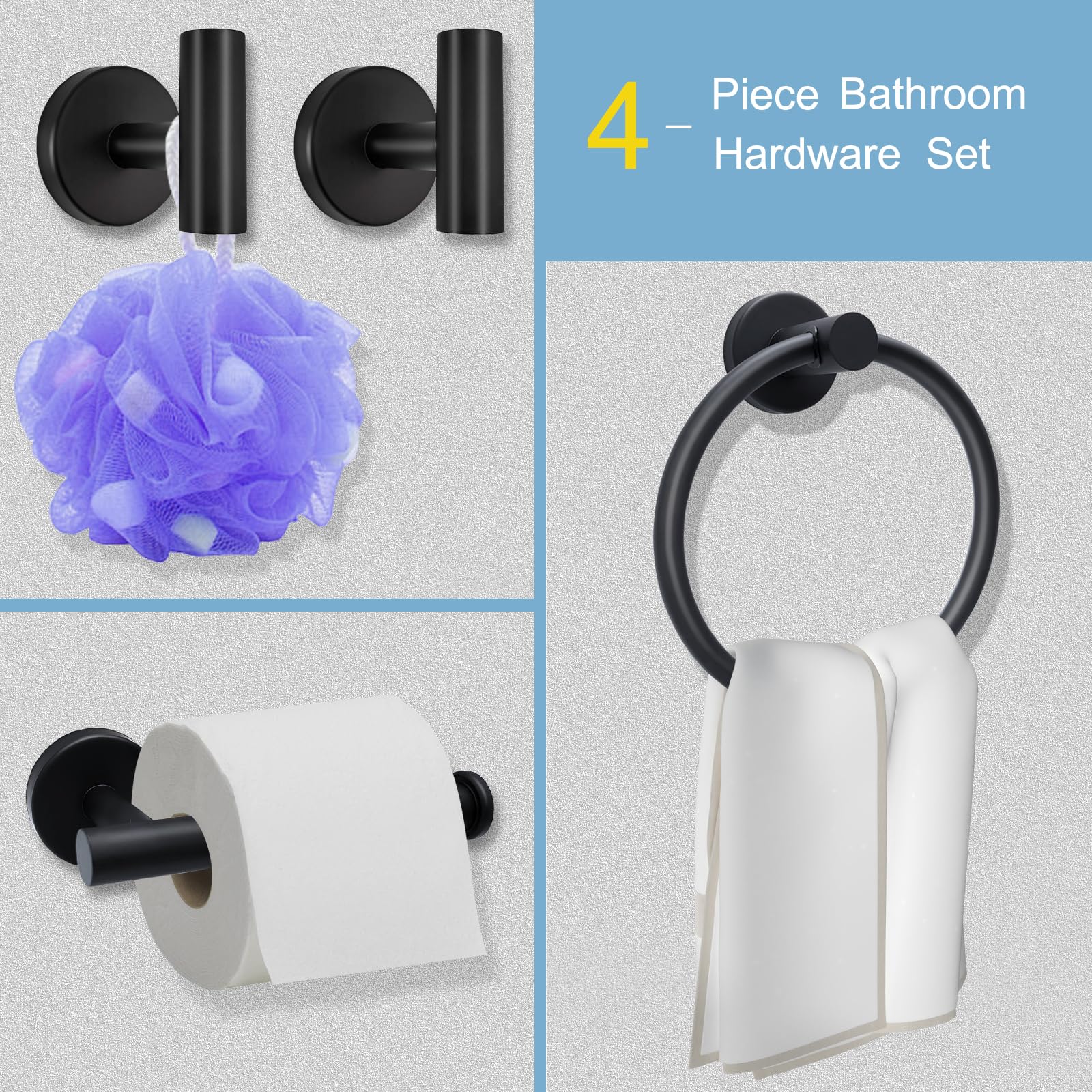 Juego de accesorios de baño negro mate, soporte de papel higiénico montado en la pared de acero inoxidable, anillo de toalla y 2 prácticos ganchos para accesorios de baño modernos, juego de ganchos 2