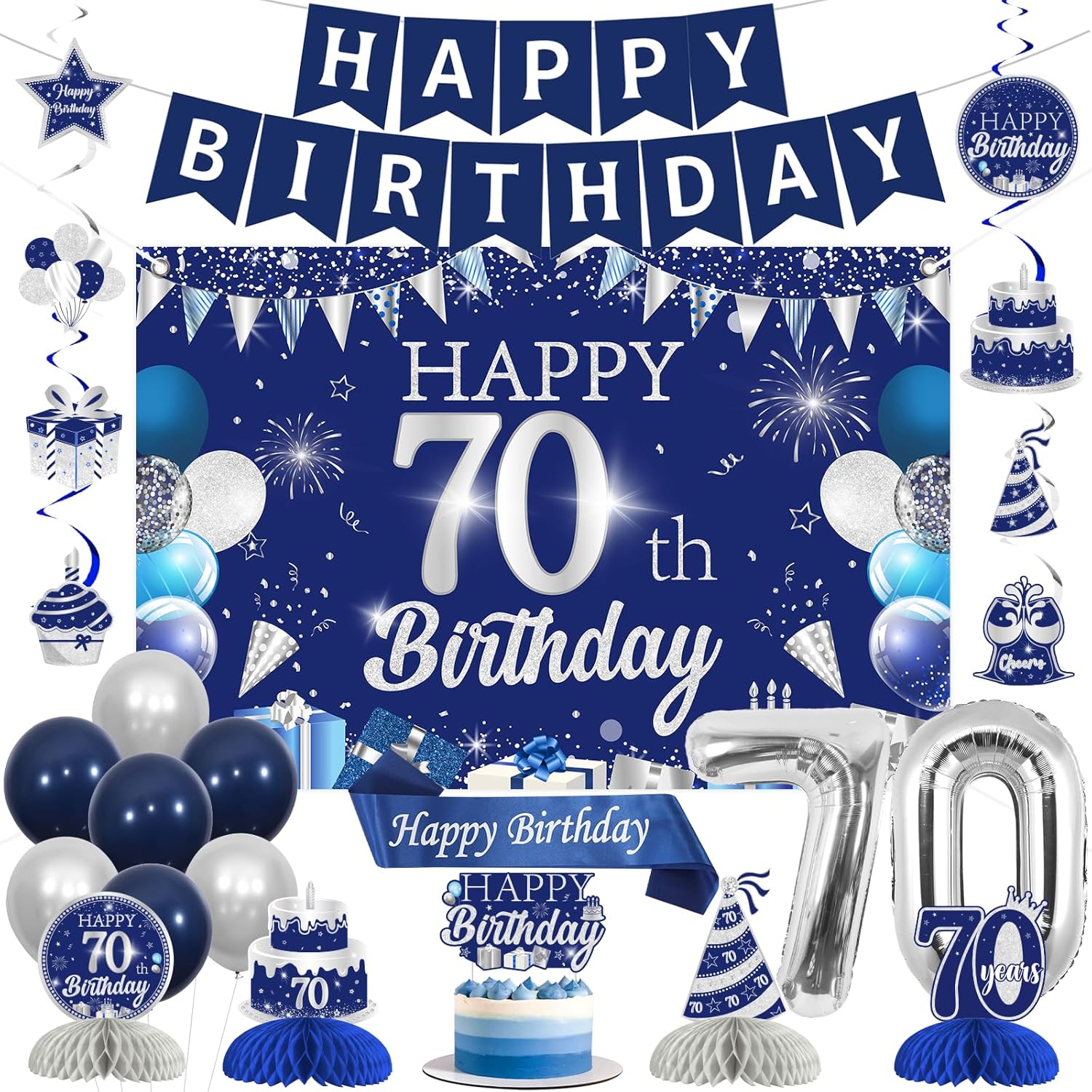 Navy Blue and Silver 70th Birthday Party Decorations Happy 70th Birthday Backdrop Banner Cake Topper Balloon Hanging Swirl Honeycomb Centerpieces for 70th Birthdays Party Anniversary Supplies