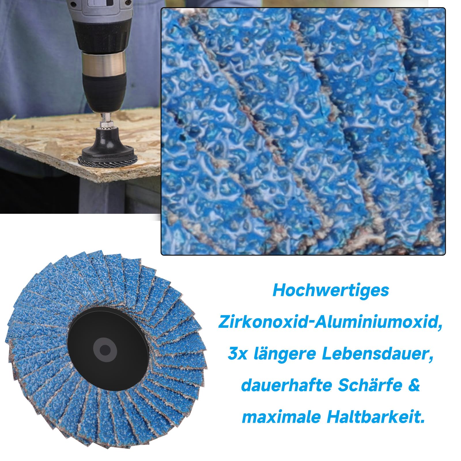 Fächerscheiben 50mm, 75 Stück 2 Zoll Schleifscheiben Körnung 40/60/80/120, Zirkonkorund Blau Schleifmopteller für Winkelschleifer Metall Stahl Holz Polieren Entgraten