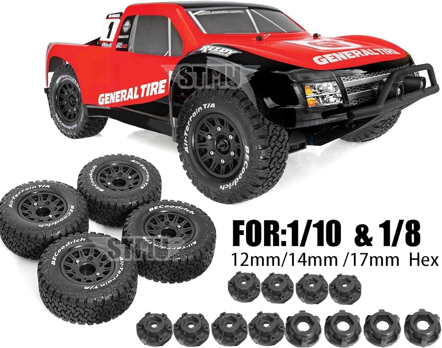 STMU 1/10 1/8 Truck Nylon Wheels and Tires OD 4.45"(4PCS) 12mm 14mm 17mm Hex RC Short Course Tires for 1:8 1:10 Off Road Truck Car Traxxas Slash 2WD 4×4 Rc4wd Arrma Senton Axial Losi Redcat (Black)