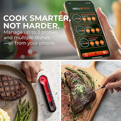 Miniatura 3 de Grill Tech - Termómetro inalámbrico para carne con Bluetooth, termómetro digital inteligente para parrilla con sonda de sensor doble, rango de 950