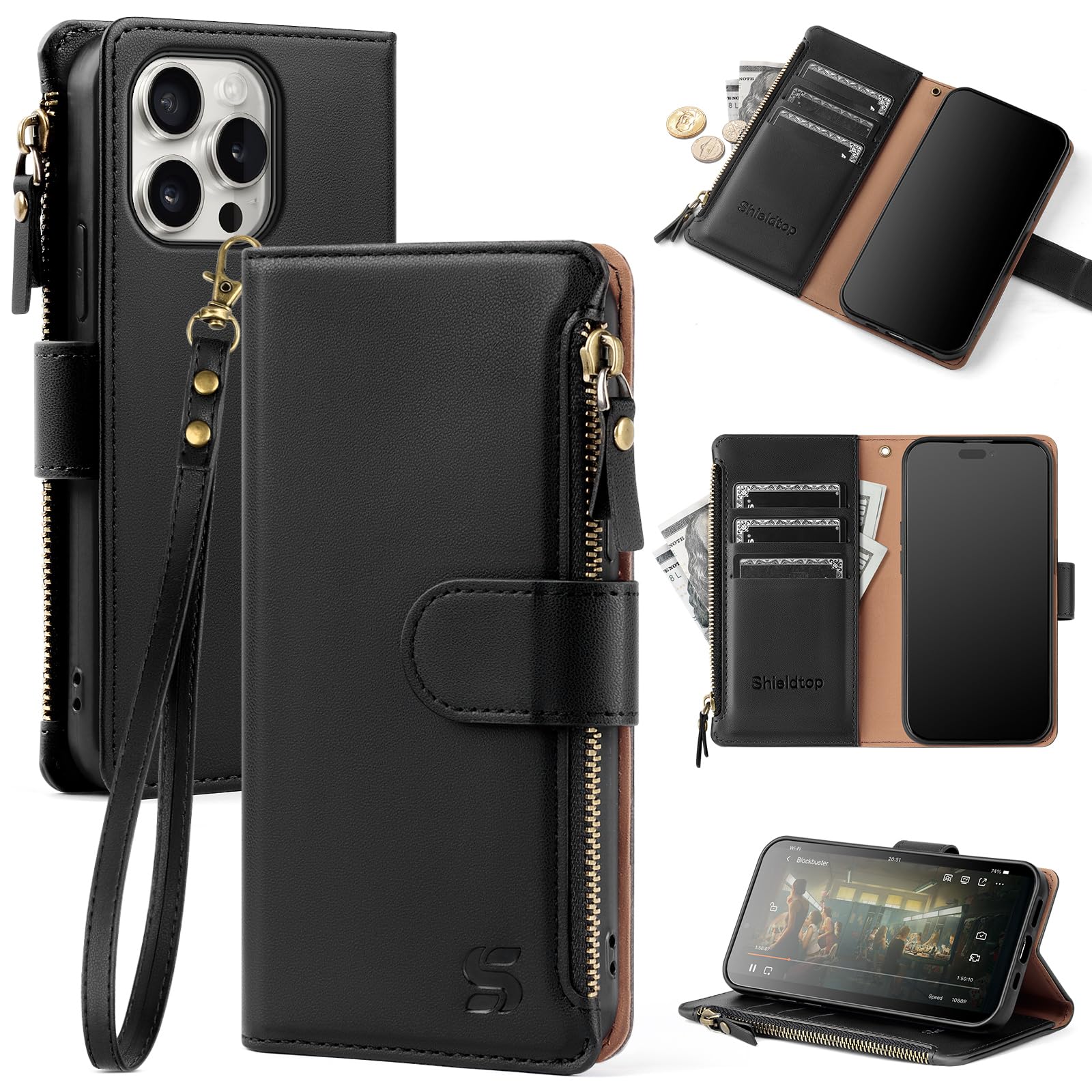 Shieldtop for iPhone 14 Pro Max Wallet Case with Card Holder,Black | RFID Blocking,PU Leather Cover,with Credit Card Holder Slots,Wrist Strap Lanyard