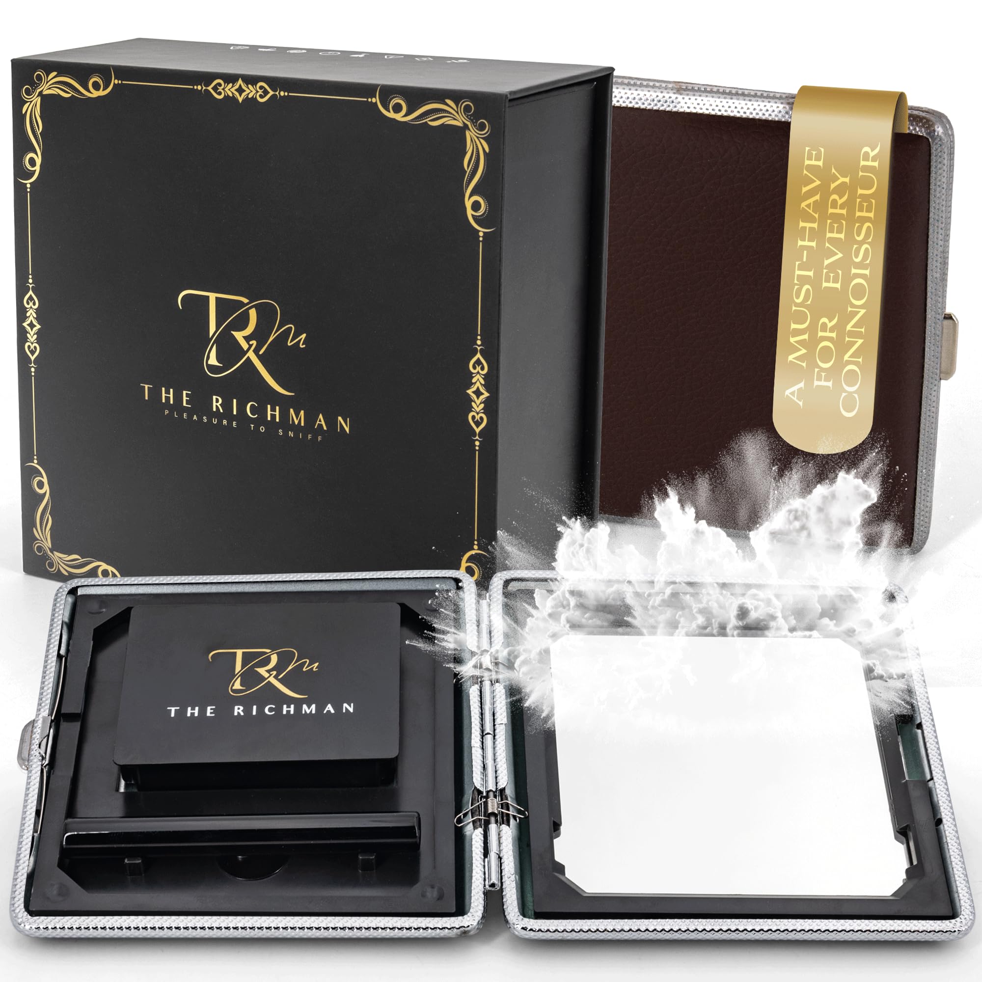 Set da tabacco "The Richman Premium" – Lussuoso, discreto & completamente magnetico! | Stile & funzionalità perfettamente combinati Tubo da tabacco in vetro, specchio & carta | 9 parti magnetiche per