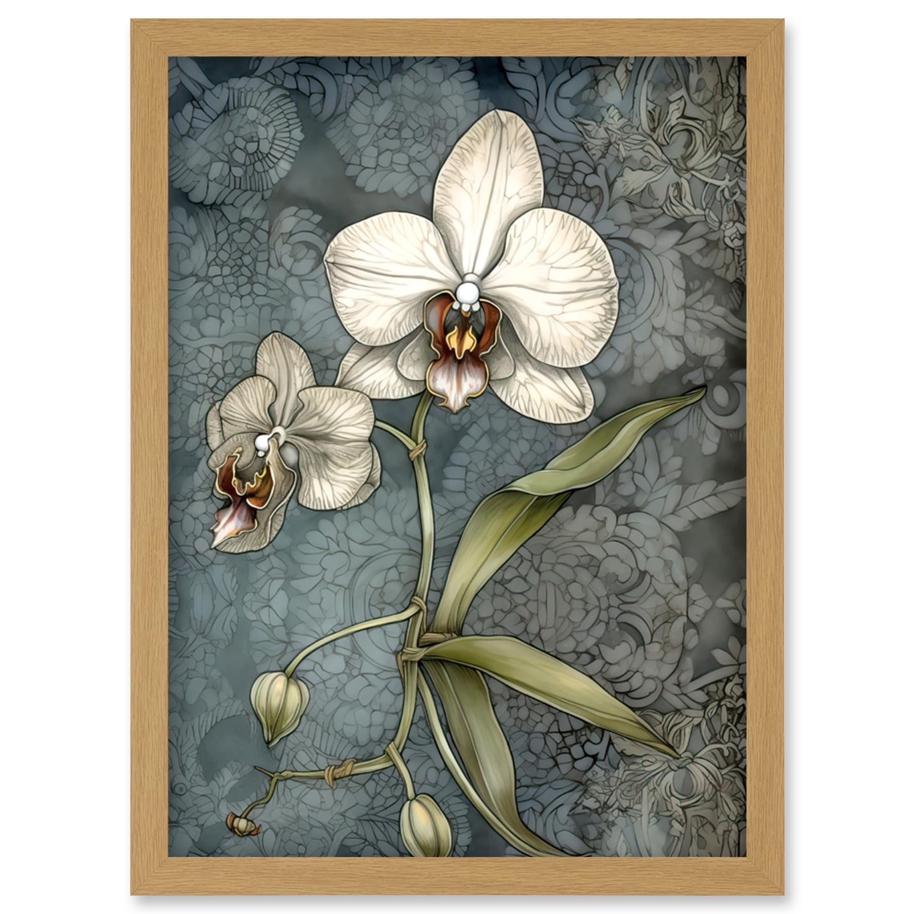 Artery8 Orchid Flower Blooms Pastel Colour Art Nouveau Artwork Framed Wall Art Print A4
