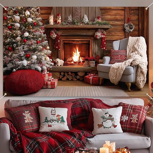 Miniatura 5 de Cartel navideño para chimenea de 71 x 43 pulgadas, acogedor telón de fondo navideño con adornos para árbol de Navidad, fondo cálido fuego para