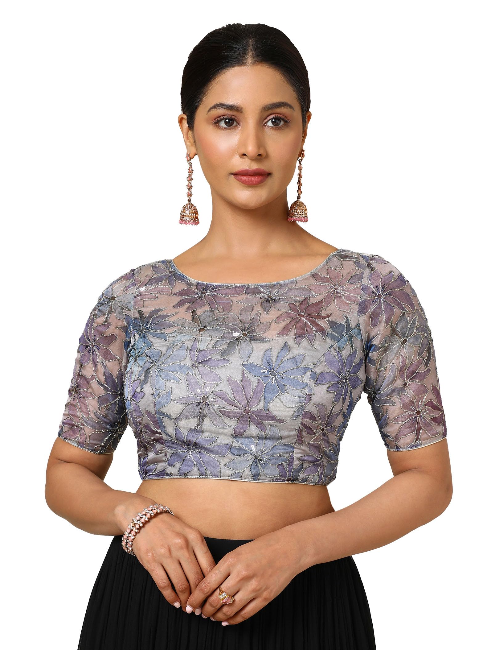 soch Womens Organza Sleeveless Floral Print Padded Blouse with Sequins-picture-12