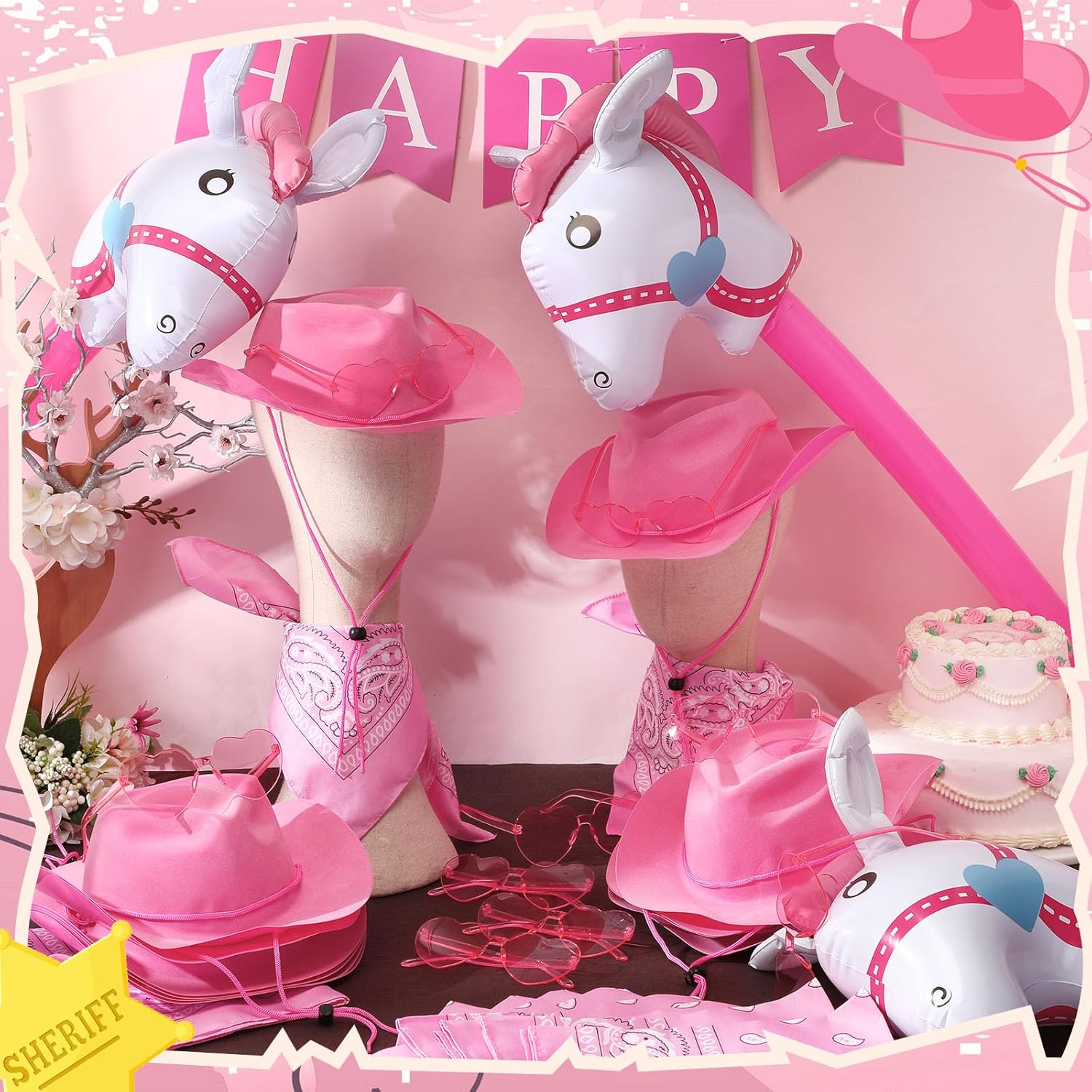 Xtinmee 48 Pcs Kids Cowboy Party Favor with Cowboy Hats Inflatable Stick Horses Bandanas Heart Glasses for Kid Costume(Pink) - Image 4