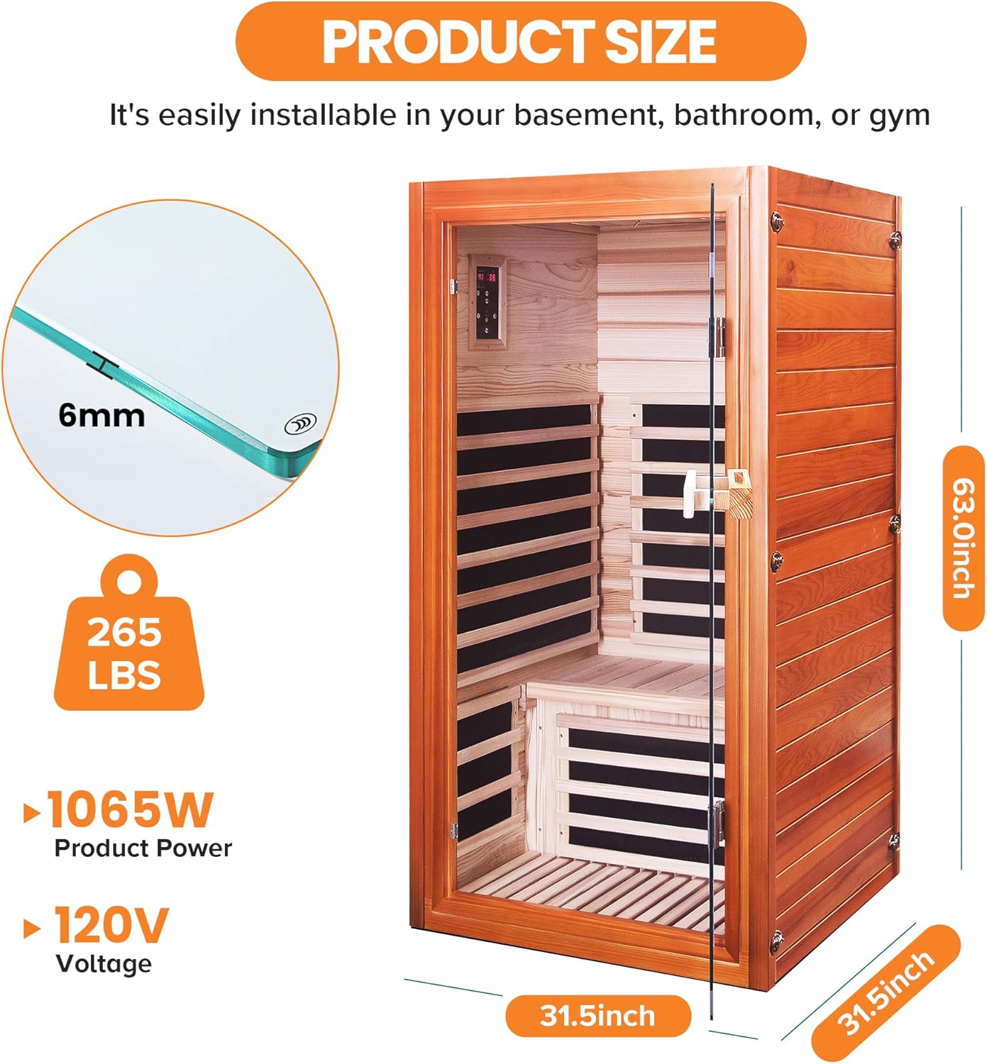 Far Infrared Sauna Dry Saunas 1065W Indoor Home Sauna Low EMF 110V with Control Panel 7 Color Light 31.5"x31.5"x63" thumbnail