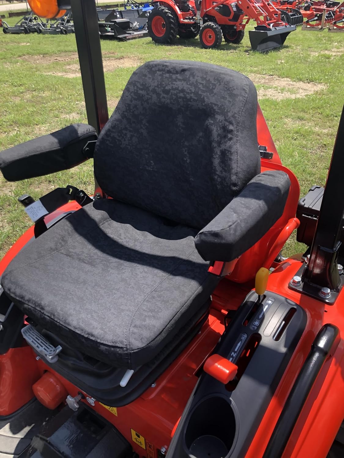 Durafit Seat Covers, Compatible with KIOTI CK,DK and NS Series CAB or Open Tractor, Grammar Suspension seat. Two Piece Vinyl seat, with ARMREST. Dark Gray Automotive Twill