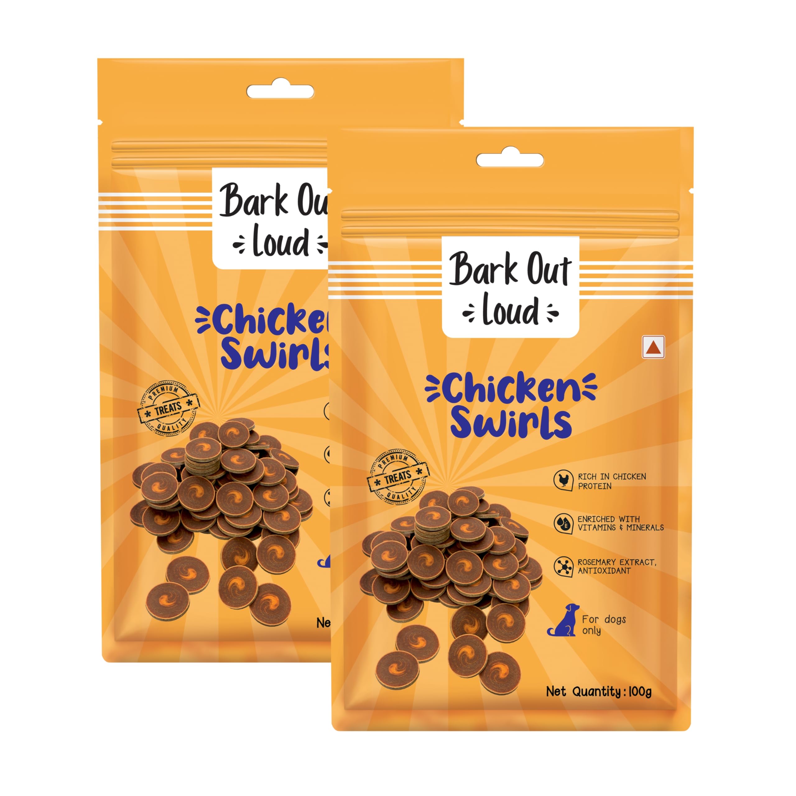 BARK OUT LOUD by Vivaldis - Chicken Swirls Dog Treat Nutritious Ingredient Treats Rich in Protein, Omega 3 Fatty Acids for Dogs of All Life Stages - 100 gm, Pack of 2, Flake Brown