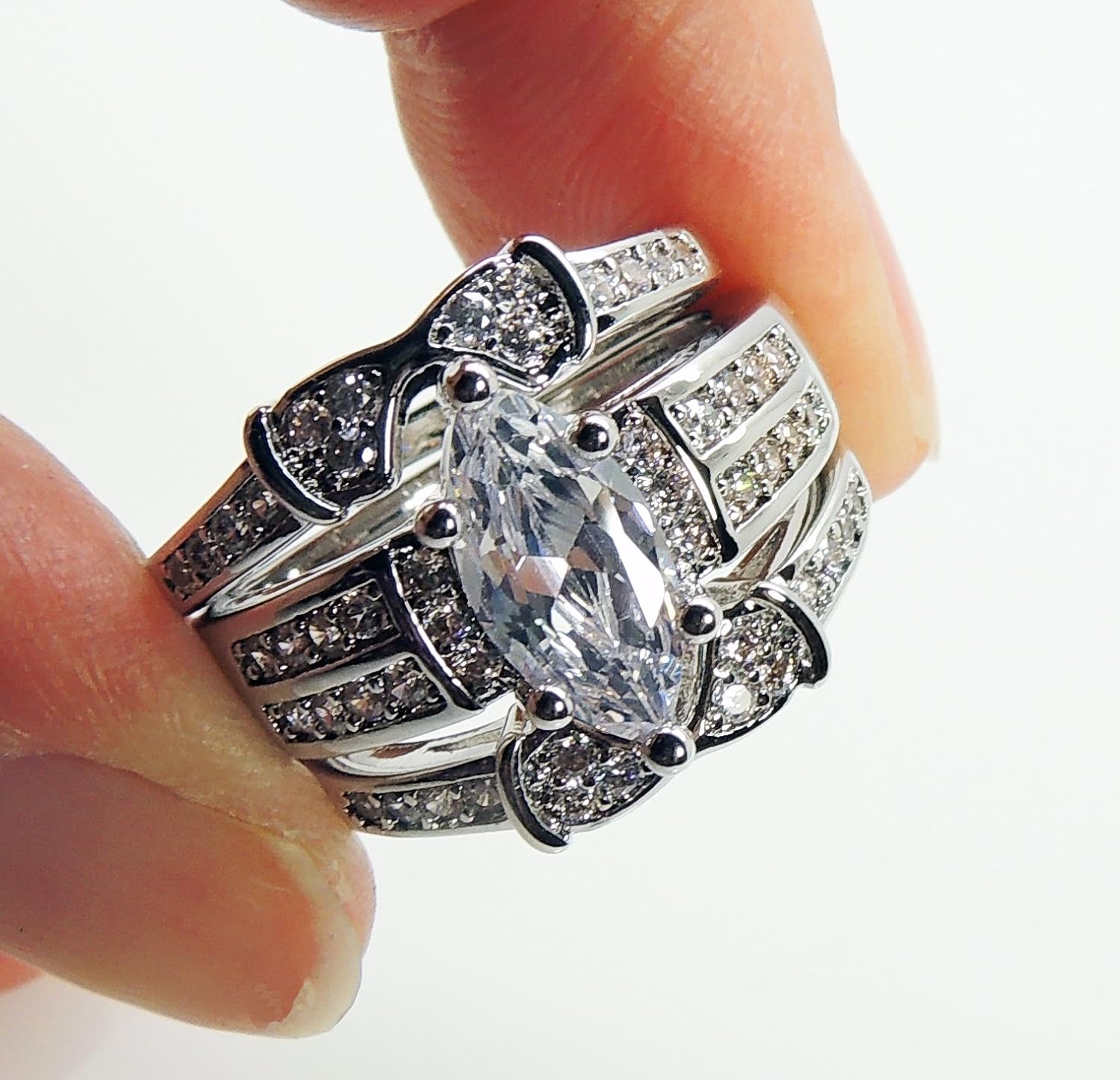Adora Wedding Ring Set for Women by Ginger Lyne | 3 Ring Bridal Set Engagement with 2 Matching Wedding Bands for Her | White Gold Plated Bridal Jewelry for Women