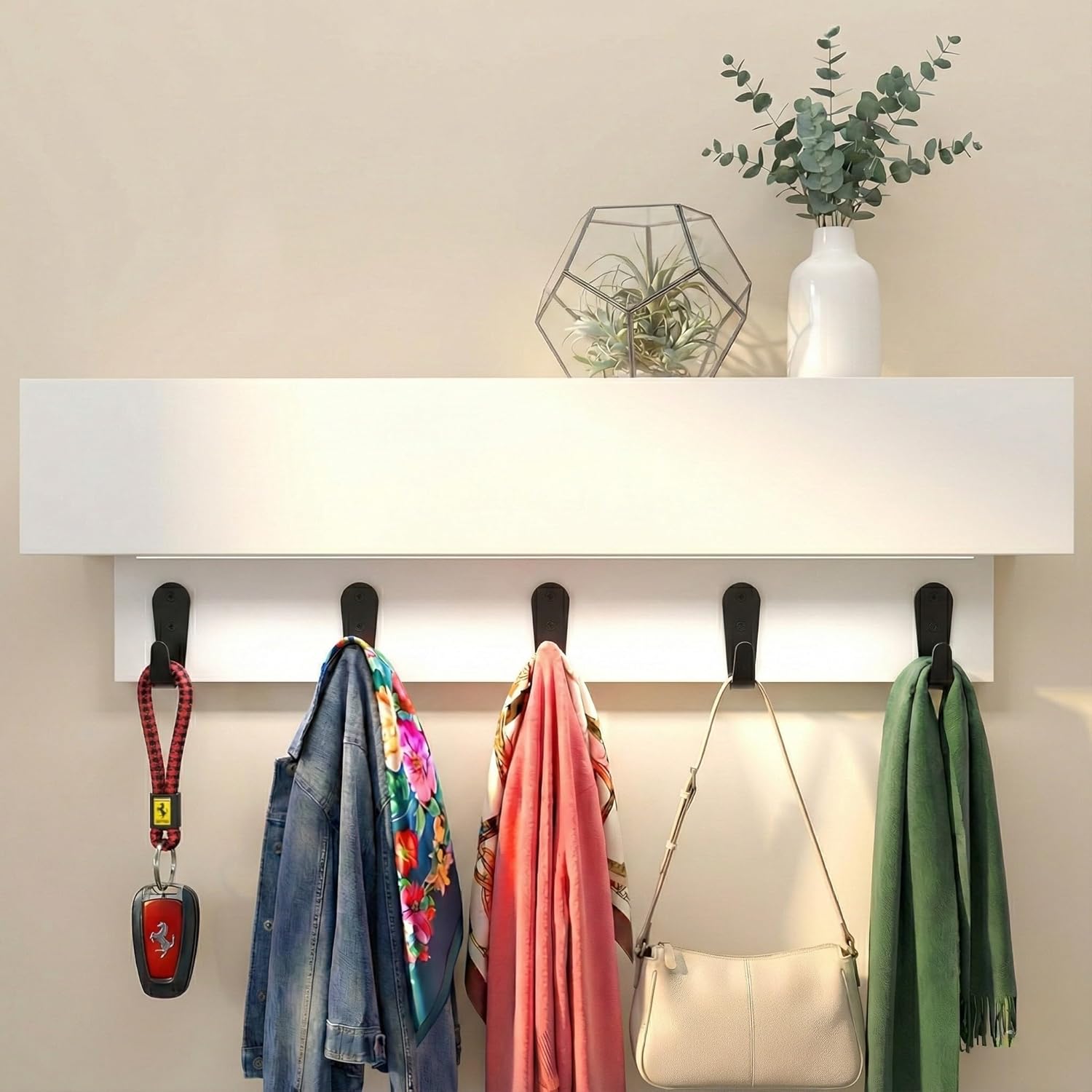 24" Entryway Coat Rack with LED Ambient Light, Premium Eco-Friendly Wood Wall Mount Floating Shelf with Storage, Minimalist Organizer with Hooks for Coats, Bags & Entryway Decor, Warm White