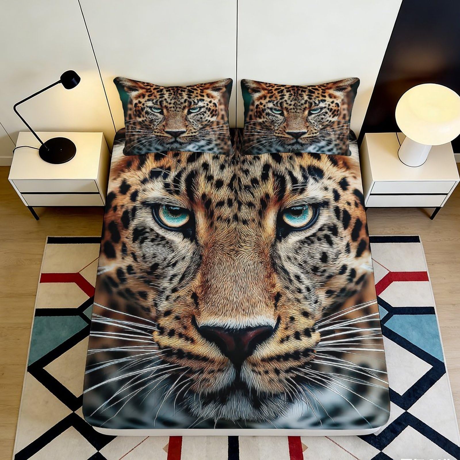 3D Printed Leopard Face Fitted Sheet Microfiber Soft Breathable Wild Animal Bed Cover for Bedroom Dorm Decor Mattress Protection 90x200x25cm