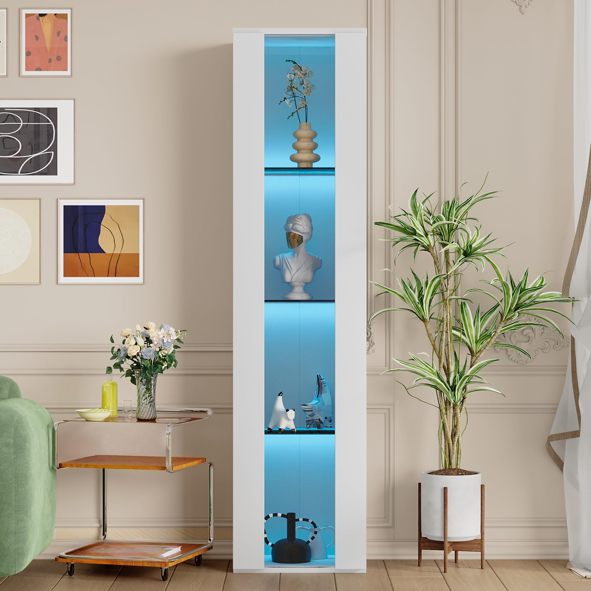 Vitrina Expositora con Iluminación LED, Vitrina Salon con 3 Estantes de Cristal, Vitrina Cristal para Salón Dormitorios Oficina, 40x29x170 cm, Blanco