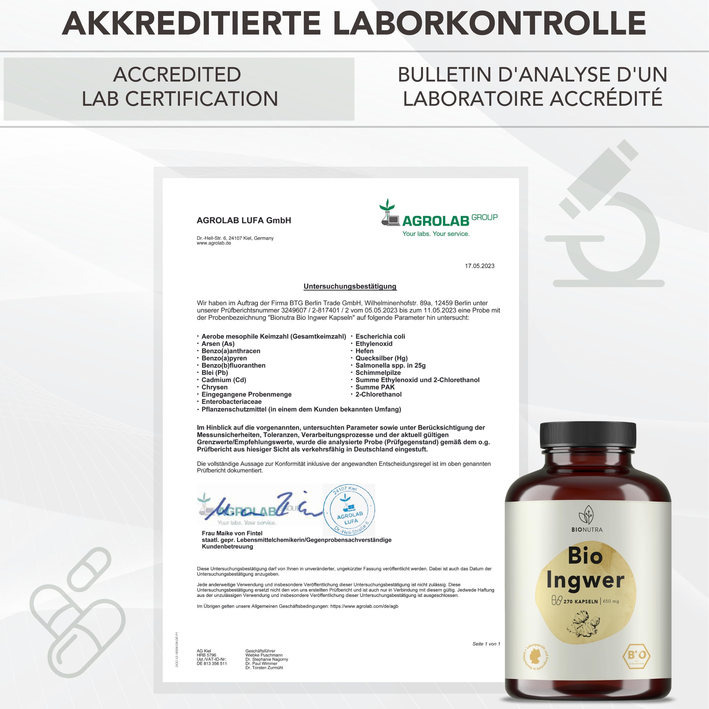 BIONUTRA® Capsule di zenzero biologico, alto dosaggio 1300 mg/giorno, controllo residui, produzione tedesca, vegane, senza lattosio né glutine, senza additivi, radice di zenzero bio, 270 x 650 mg