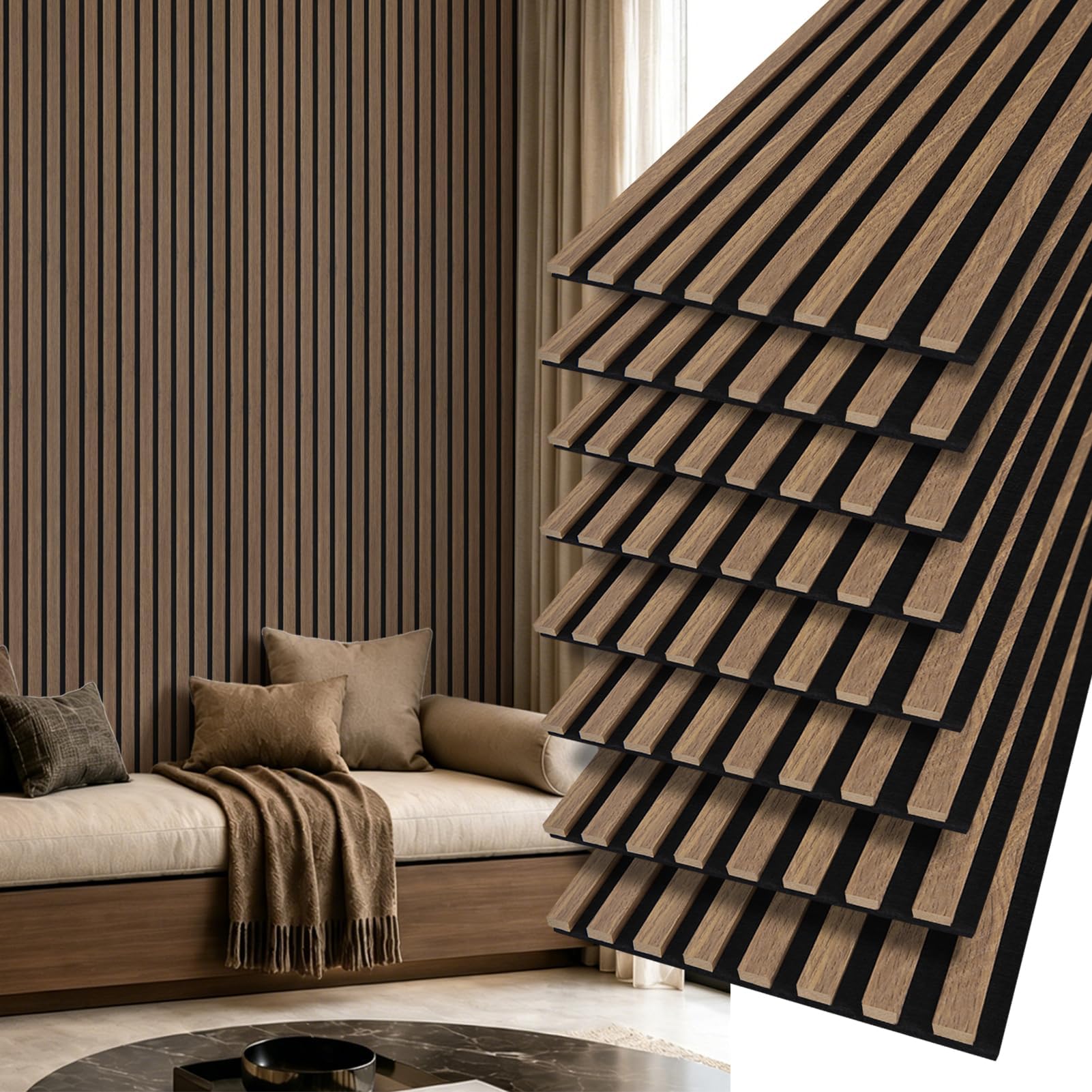 Art3d 12" x 93" Acoustic Wood Slat Wall Panel, 8 pcs, 62 sq.ft, Deep Walnut