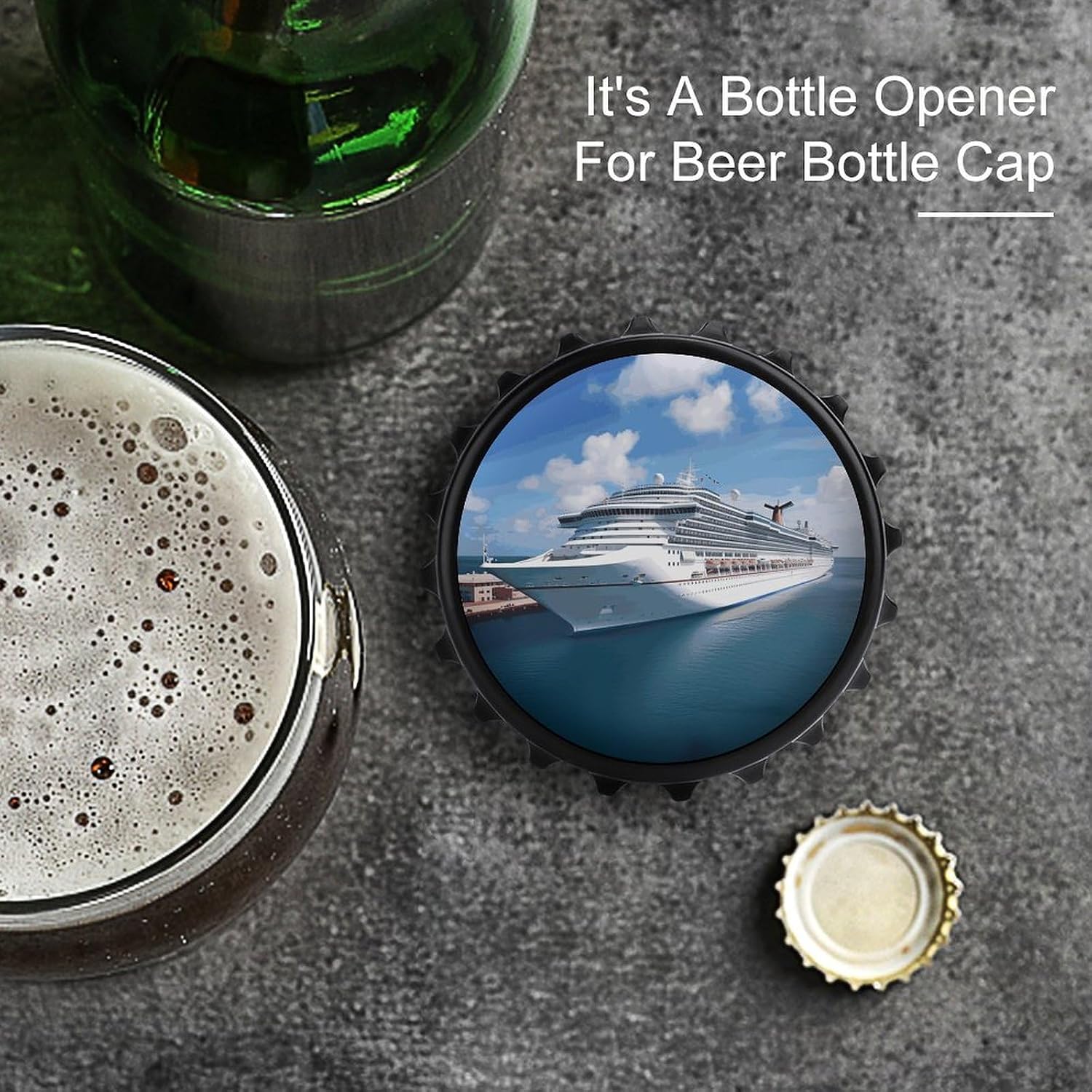 Round Cruise Ships Magnetic Bottle Opener for Fridge Black image 3