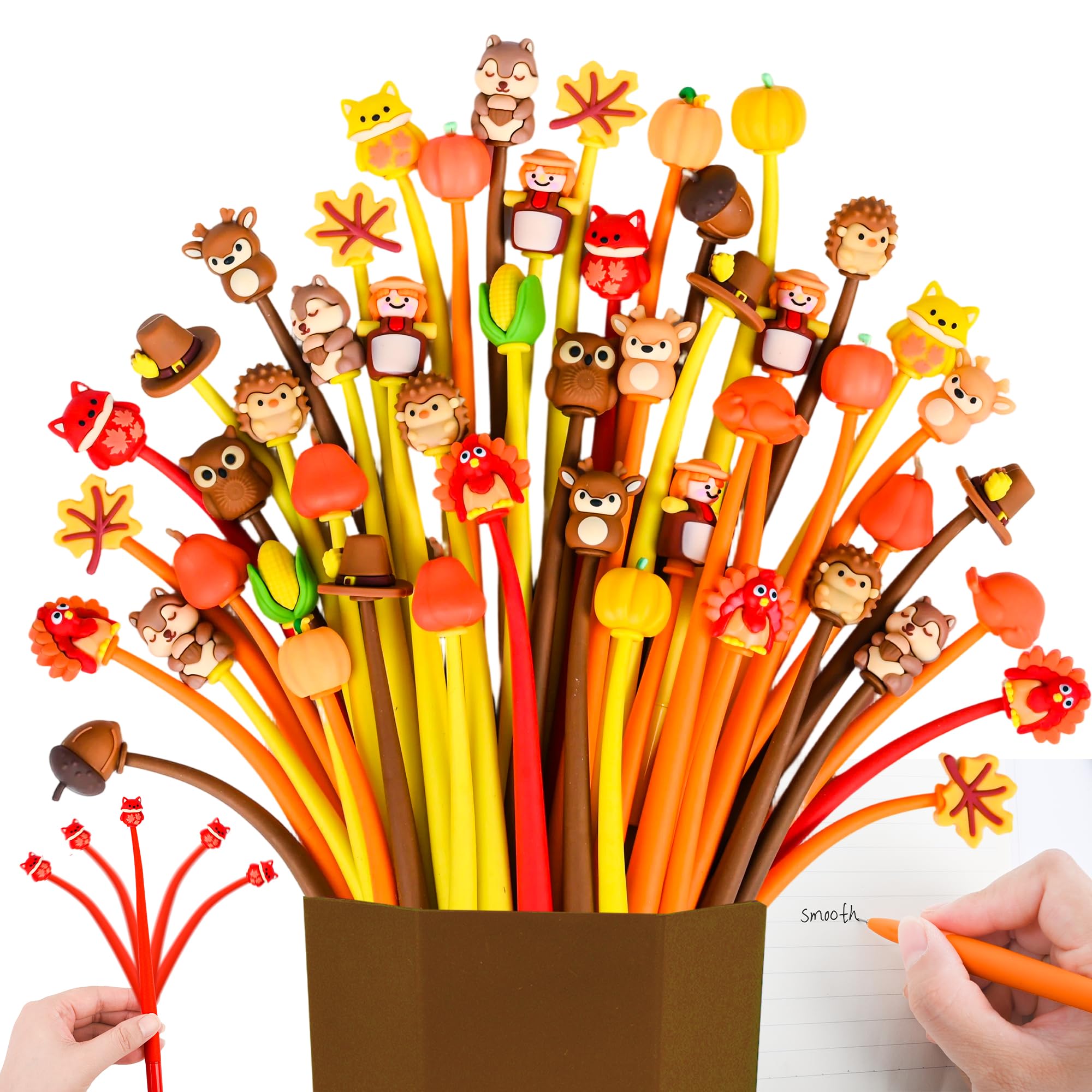 LiYiQ 50 PCS Thanksgiving Stress Relief Bobblehead Pens Maple leaves Pumpkins Scarecrows Turkeys Shape Pens Fun Cute Pen for kids Fidget Kawaii Pen for Classroom Prizes, School, Office Supplies