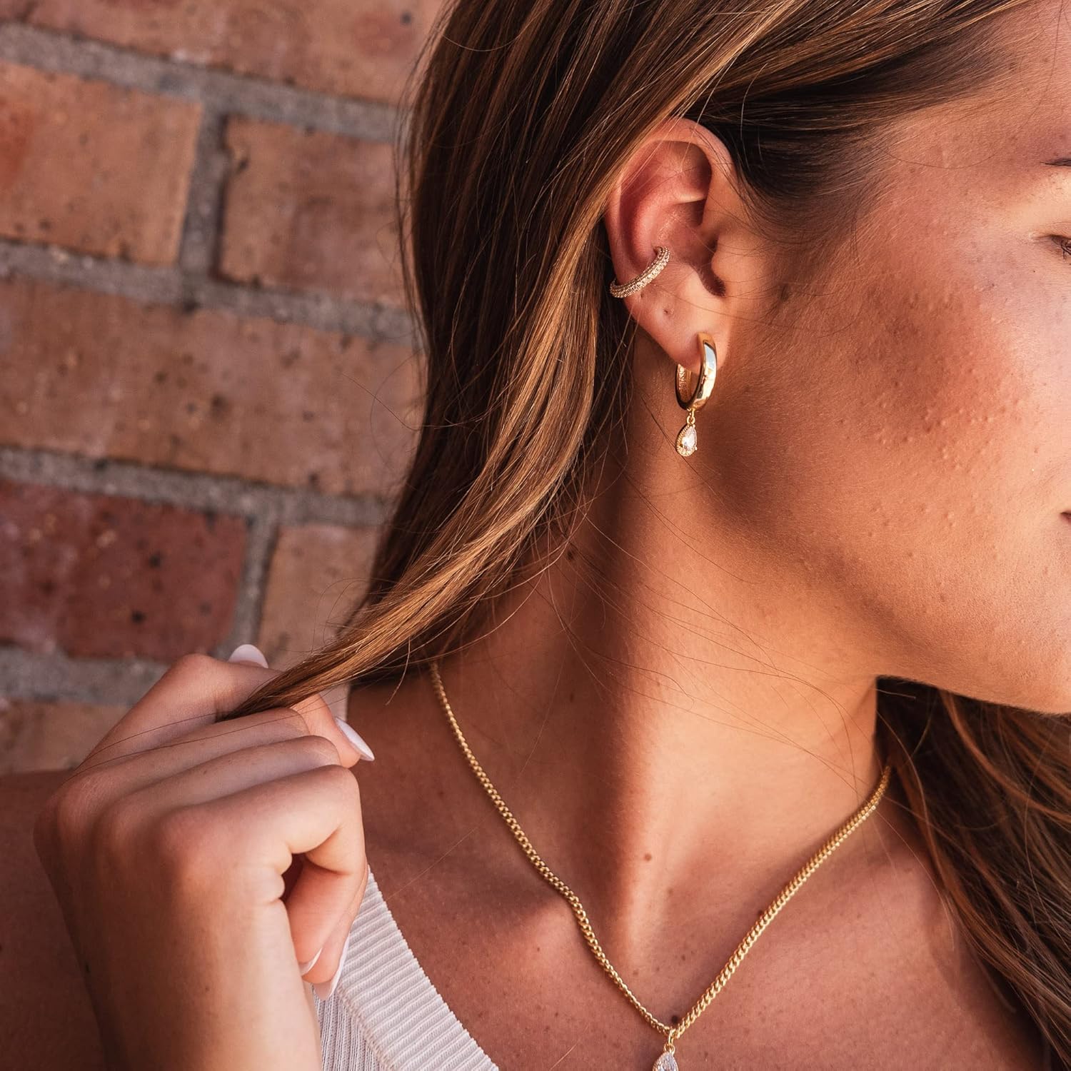 LEMON GRASS 18K Gold Plated Pear Drop CZ Necklace | Teardrop Solitaire Pendant Necklace Matching Hoop Earrings