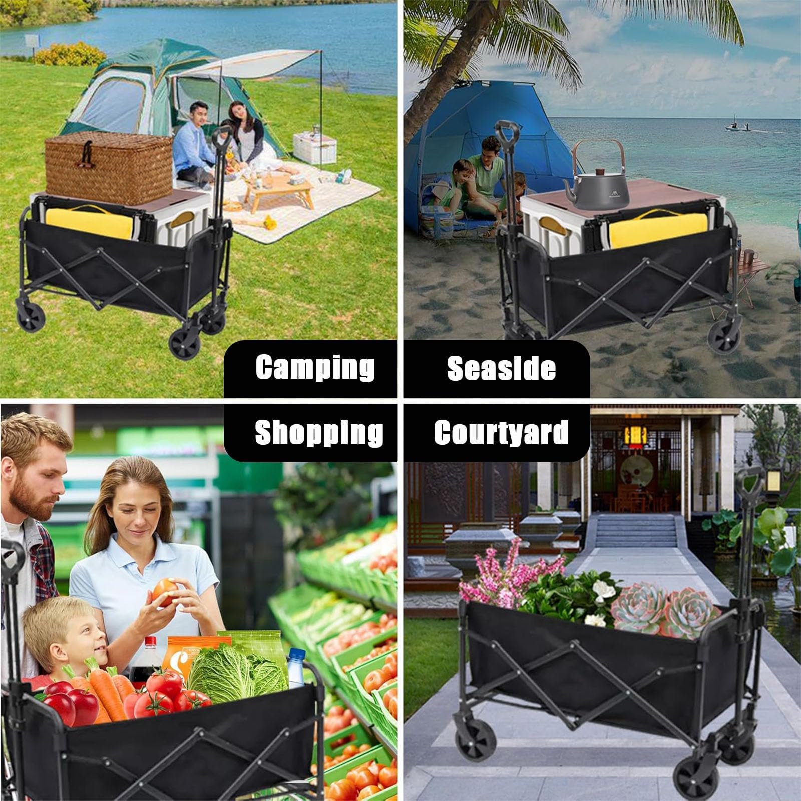 Chariot de Pliable Jusqu'à 150 kg, 100L Chariot d'extérieur avec Roues | Chariots de Jardin, Chariots de transport et chariot de plage, Chariot de Courses Pliante Pour Plage, Camping, Peche
