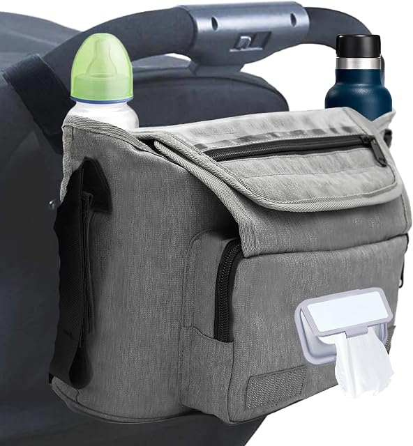 Invenor Pram Organiser 12x6x7 Inches (Grey), Heavy Duty Polyester & Water Resistant Buggy Organiser with Non-Slip Strap - Multi Compartments Pram Bag Storage  Fit for Almost All Prams & Buggies