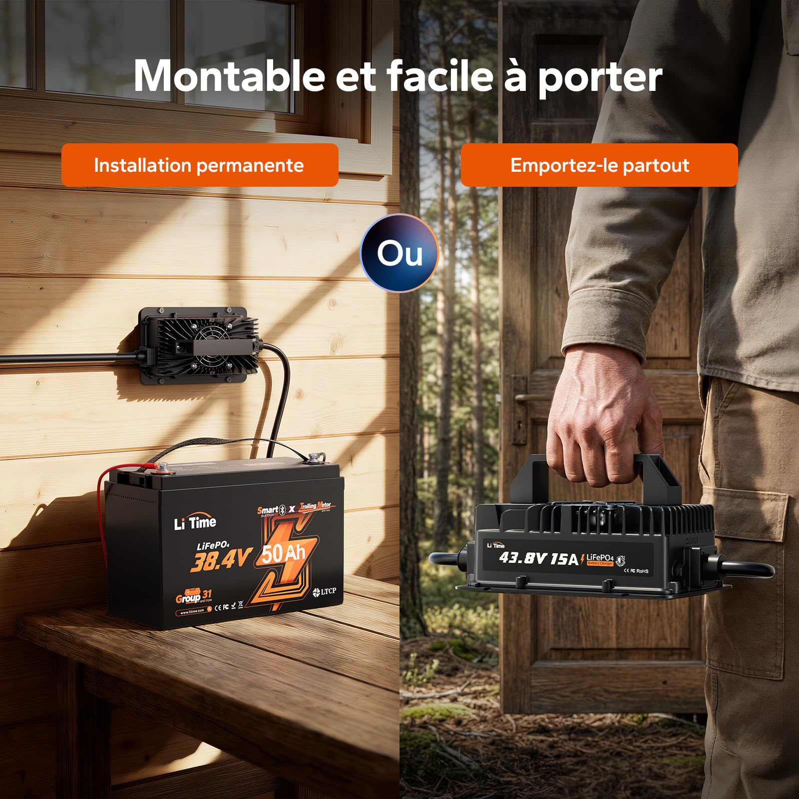 LiTime Chargeur Batterie LiFePO4 36V 15A, Chargeur Lithium 43,8V IP66 Étanche avec Activation de Batterie, Indicateur LED, Chargeur Intelligent 3 Étapes pour Golf Cart, Camping-Car, Bateau