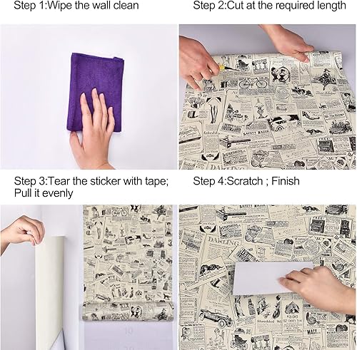 Miniatura 7 de WENMER Papel de contacto de periódico de 17.71 x 236 pulgadas, papel tapiz autoadhesivo vintage para despegar y pegar, papel tapiz extraíble para