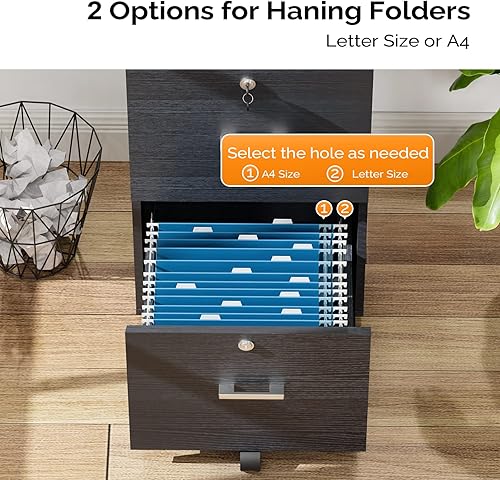 Miniatura 8 de VINGLI Archivador pequeño con 2 cajones con cerradura archivador de madera para colgar archivos de tamaño carta con pestañas archivador móvil debajo