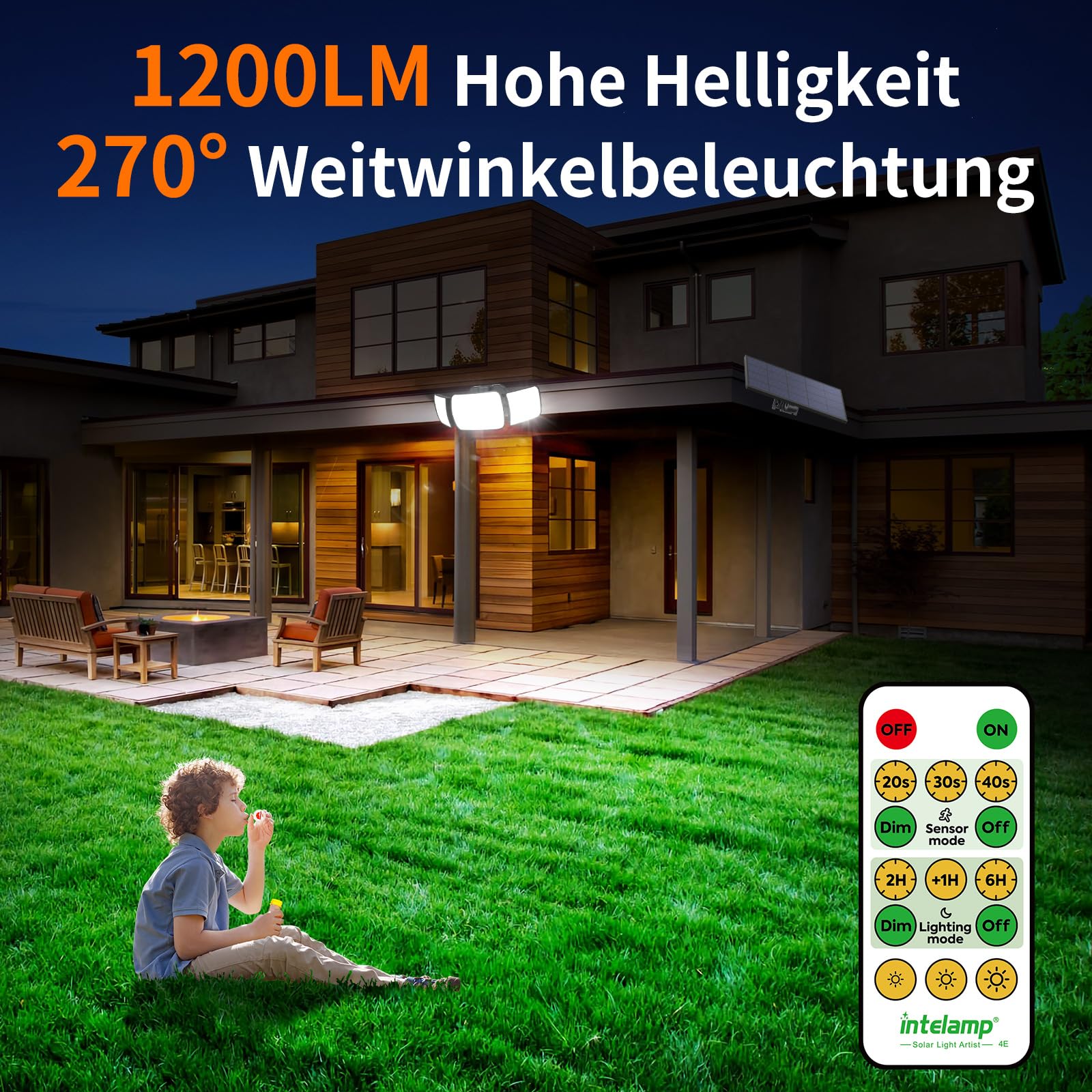 INTELAMP Zewnętrzne lampy solarne z czujnikiem ruchu, 1200 lm, 6000 mAh, lampa solarna zewnętrzna z pilotem zdalnego sterowania, lampa ścienna, kąt 270°, obracana o 270°, lampa solarna do użytku na