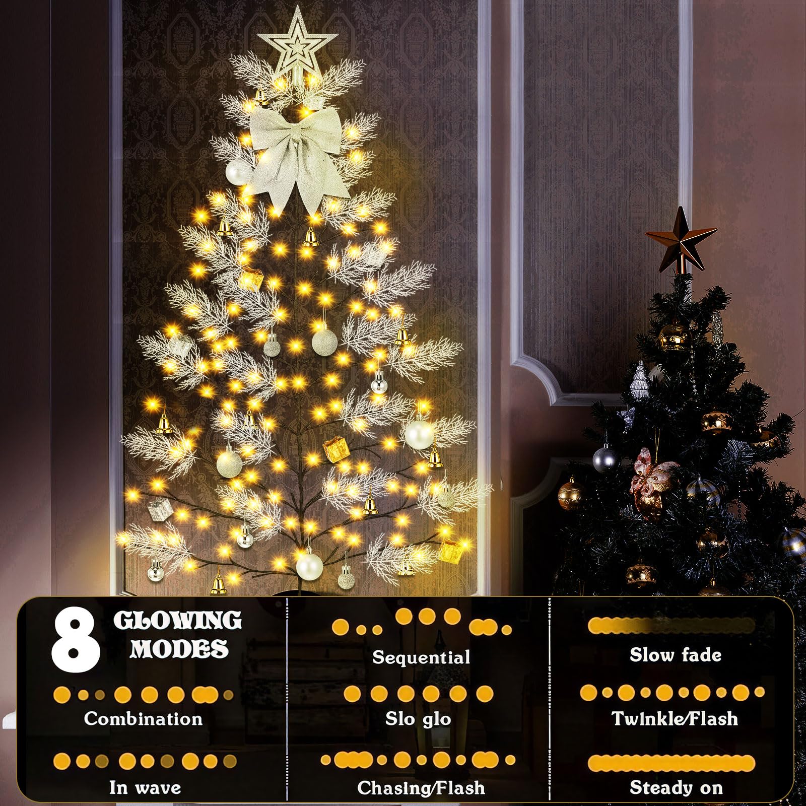 Leyndo Sapin de Noël mural 144 LED de 1,5 m avec lumières 8 modes, télécommande, boule de Noël, nœud, étoile, cloche, pin pour salon, bureau, école, décoration murale de Noël (argent)
