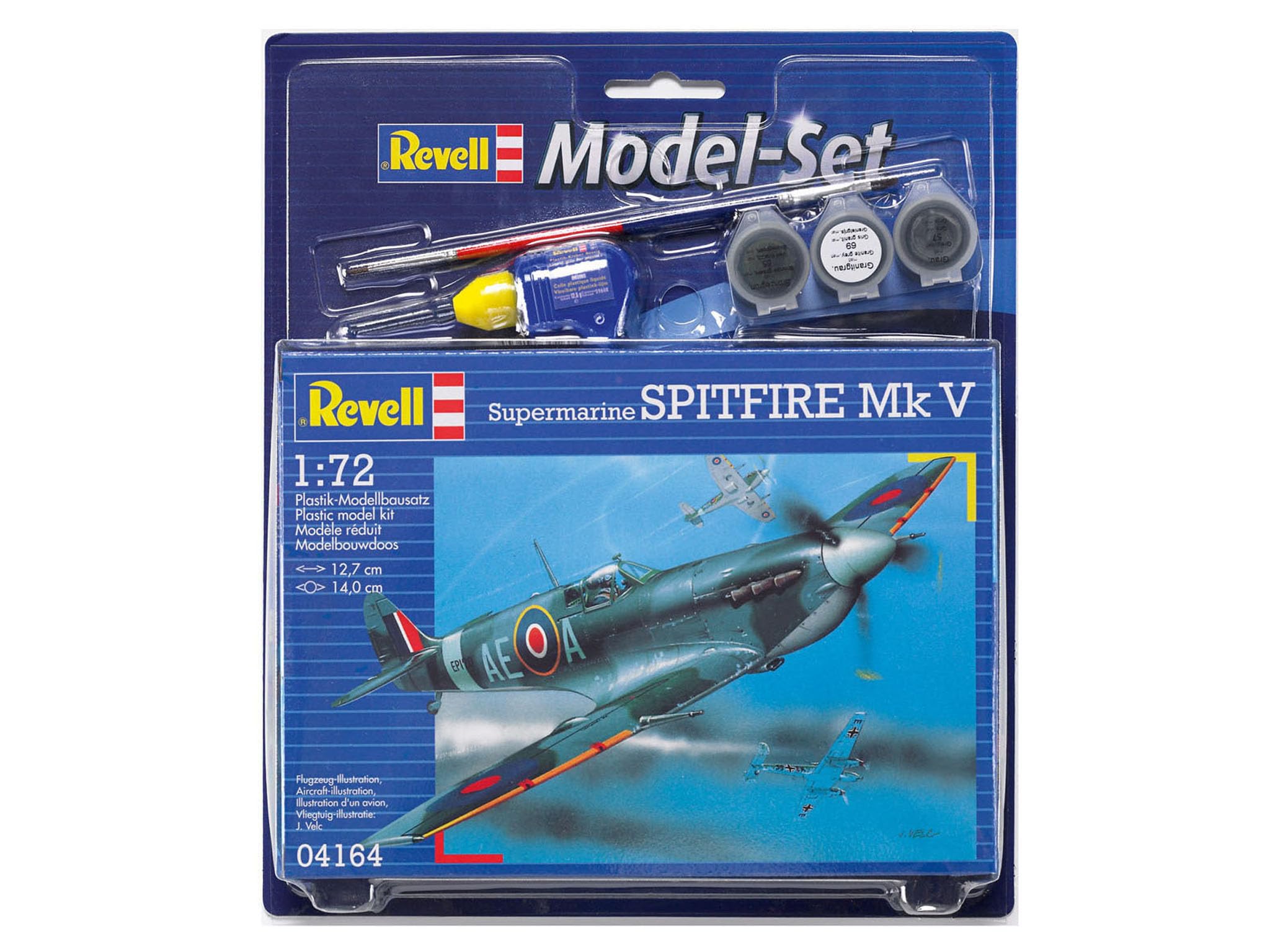 Revell Model Set 64164 Spitfire Mk V 1:72 Scale Unbuilt/Unpainted Plastic Model Kit with Contacta Professional Glue, Paintbrush & Selected Aqua Color Paints