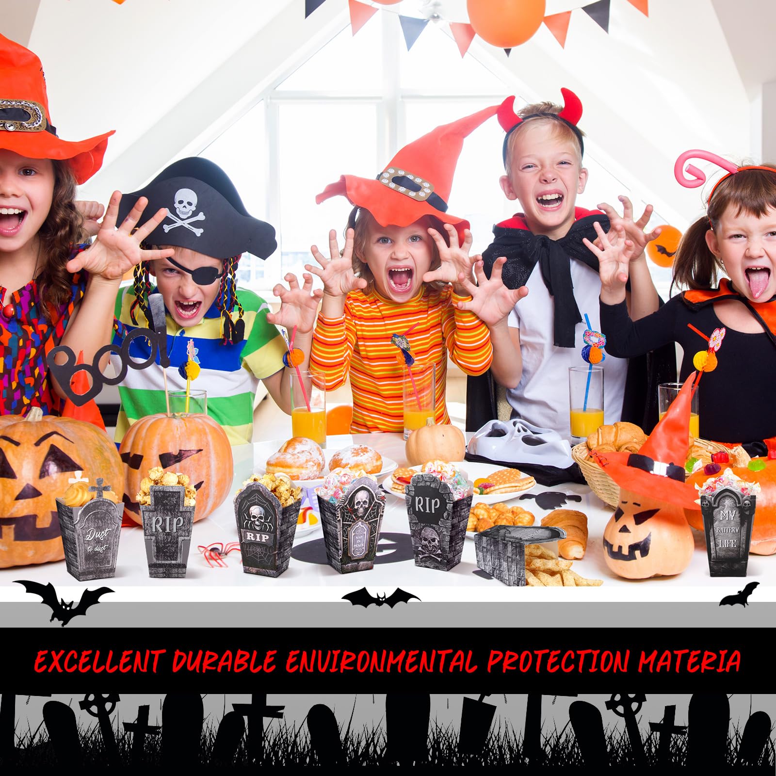 Weekgrat 90 cajas de palomitas de maíz de Halloween, espeluznantes bolsas de papel de lápida de Halloween, bolsas de palomitas de maíz, bolsas de palomitas de maíz de Halloween para dulces, galletas