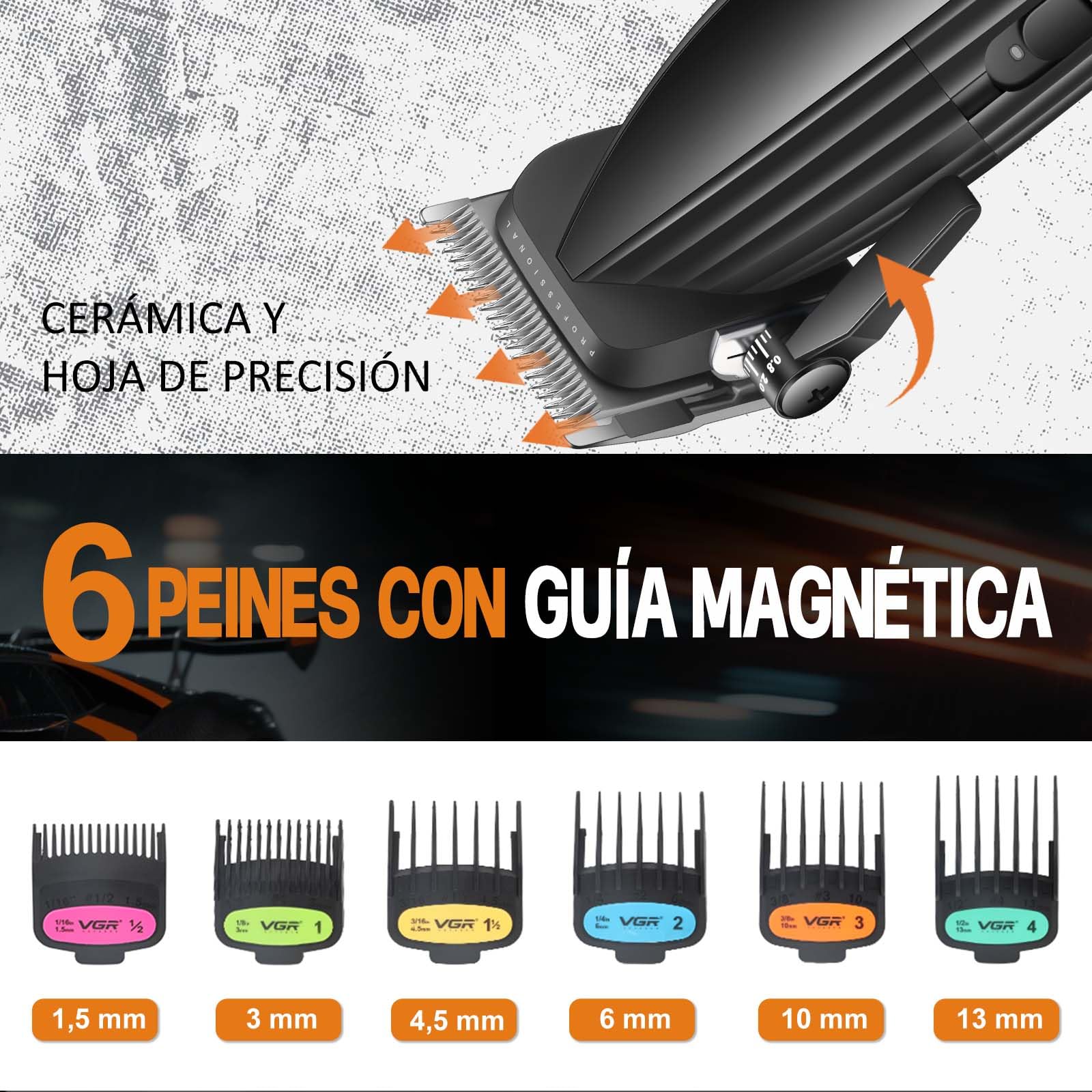 VGR 889C Maquina de Cortar Pelo Hombre Profesional, Función Turbo, Naranja | Máquina de Cortar Pelo Inalámbrica con Base, Cortapelos Ajustable Profesional Para Degradados con , Pantalla LED, Carga USB