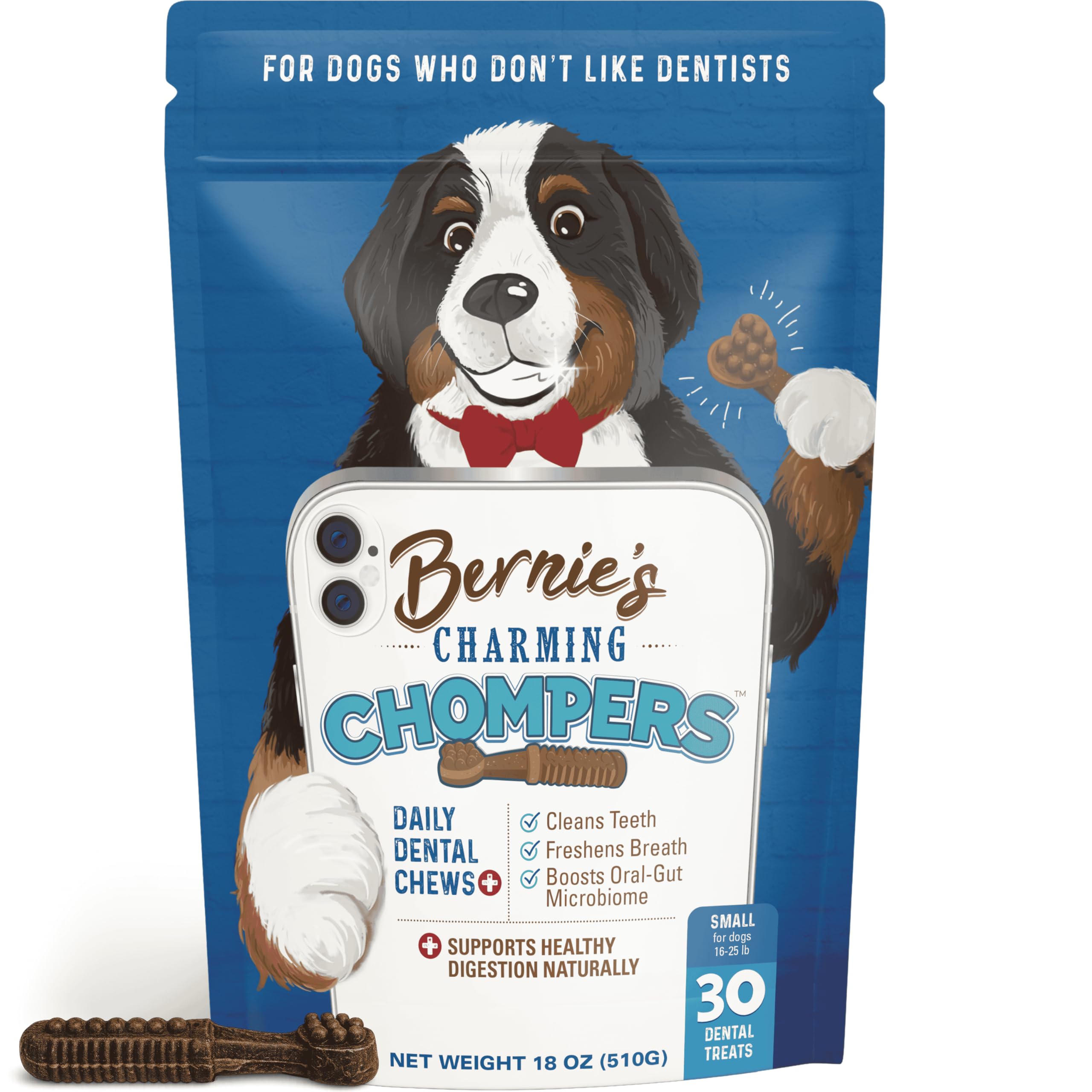 Bernie's Charming Chompers - Daily Dental Chews for Dogs 15-25 Lbs. - 30 Count - Cleans Teeth, Freshens Breath, + Boosts Oral-Gut Microbiome. Easy to Digest, Supports Healthy Digestion Naturally