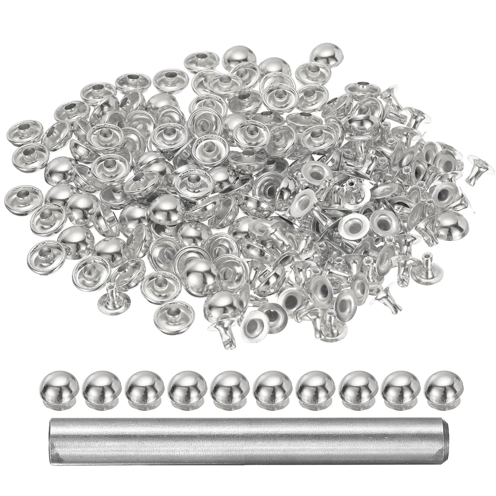 sourcing map 100pcs Round Dome Leather Rivets 10mm Leather Rivets Rapid Punk Spikes Leathercraft Decoration with Hole Punch for Rock Nailheads Clothing Belts Bags Shoes, Silver