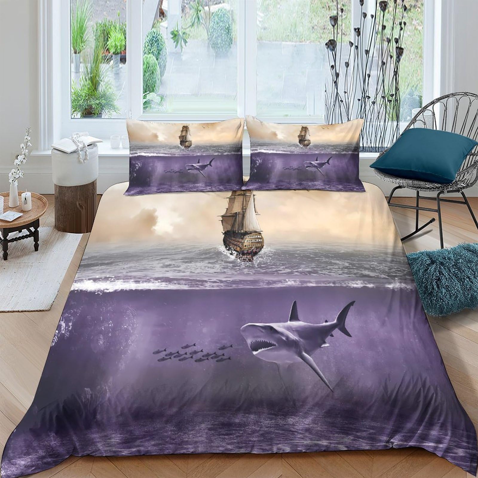 Ctjqhvkz Style-8 3D Printed Ocean Shark Fitted Sheet Microfiber Soft Purple Underwater Mattress Cover For Bedroom Guest Room Decor Single（135X200cm）