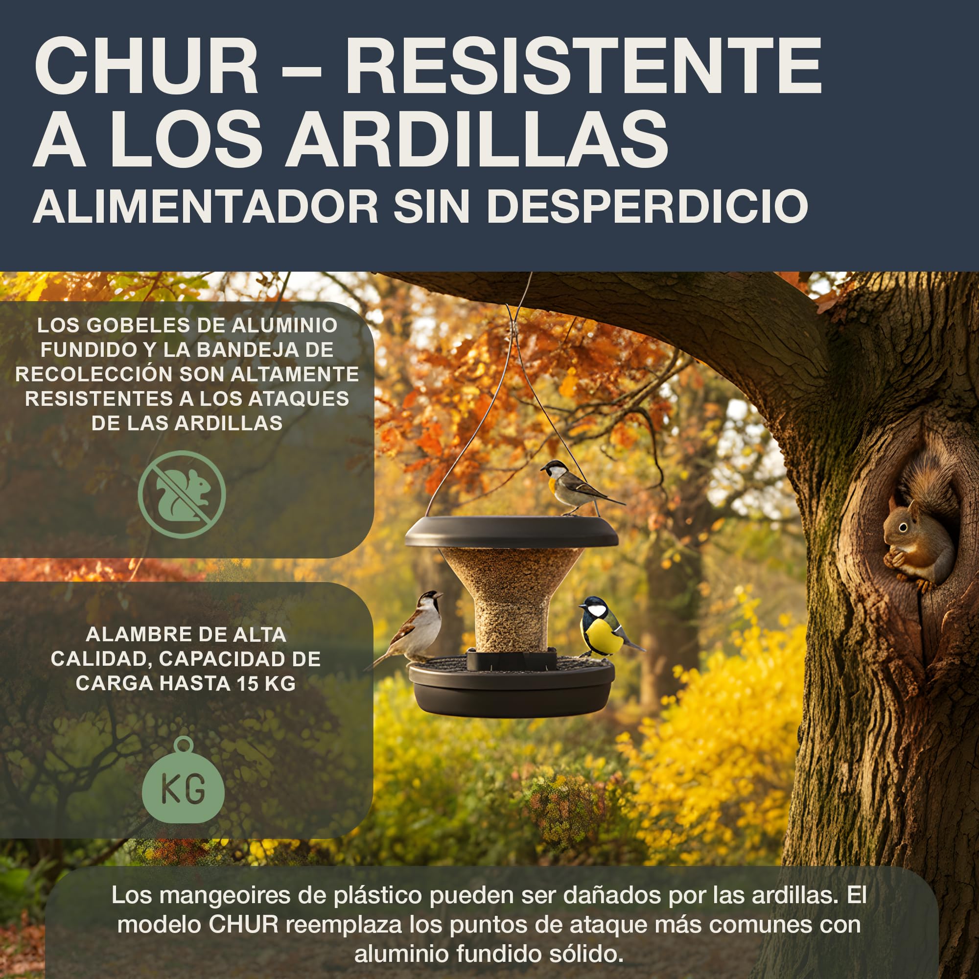 SWISSINNO Comedero para Pájaros Chur Comedero para Aves Resistente a Ardillas de una cámara – Colgante con Base de Aluminio y Doble posadero – ASA + PC duraderos – Fácil de Limpiar y Rellenar