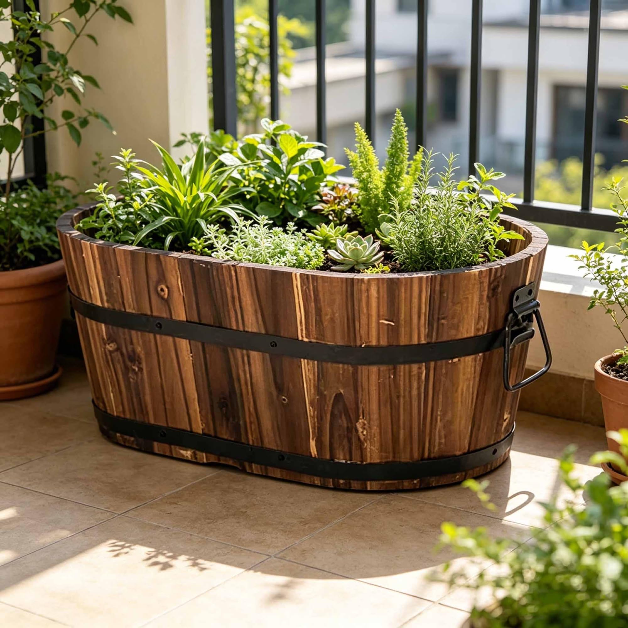 Dalumian 1PCS Farmhouse Wooden Barrel Planter, Flower Planter Pot, Decoration Flower Pots, Drainage Holes & Iron Handles, Suitable for Home Garden Patio Backyard(Small)