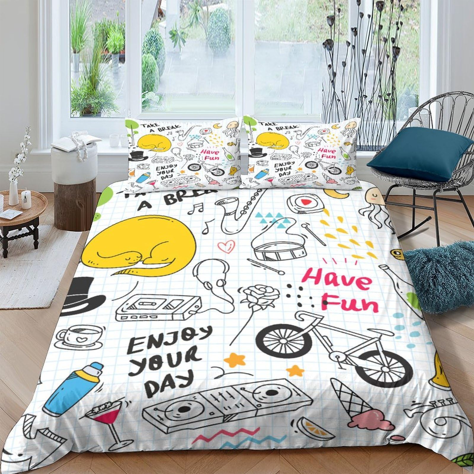 Ctjqhvkz Style-1 3D Printed Cartoon Graffiti Fitted Sheet Microfiber Soft Breathable Doodle Mattress Cover For Bedroom Dorm Mattress Decor Single（135X200cm）