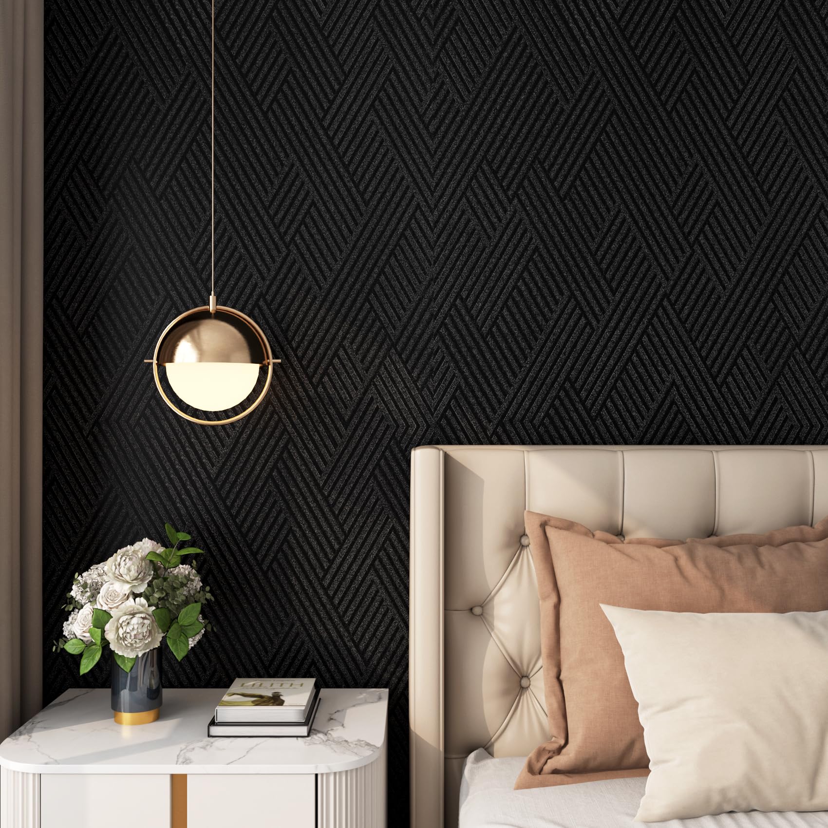 FunStick 60CMx5M Papel Pintado Autoadhesivo Pared Dormitorio Salon Papel Pared Negro Geometrico Revestimiento Pared Negro Abstracto Geometrico Vinilo Adhesivo Cocina Puerta Armario Vinilo para Paredes