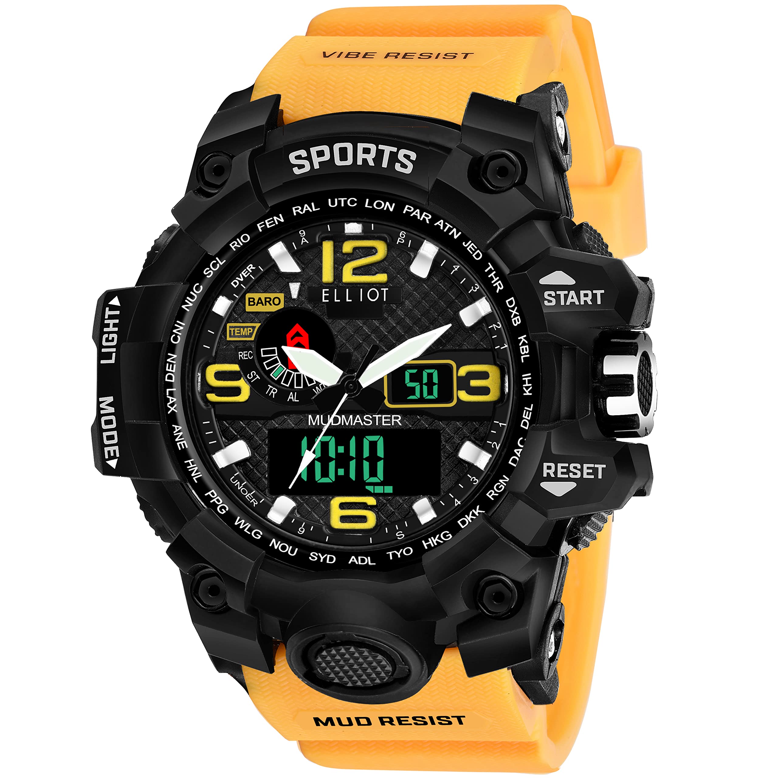 WalrusElliot Analog Digital Men's Watch - Black Dial, Orange Silicone Strap, Men’s & Boys Sport Watch for Gift Japanese Movement, 56mm Diameter